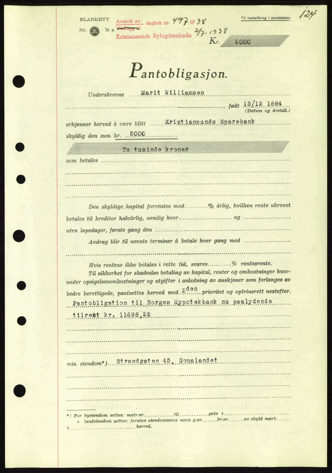 Kristiansund byfogd, SAT/A-4587/A/27: Mortgage book no. 31, 1938-1939, Diary no: : 497/1938