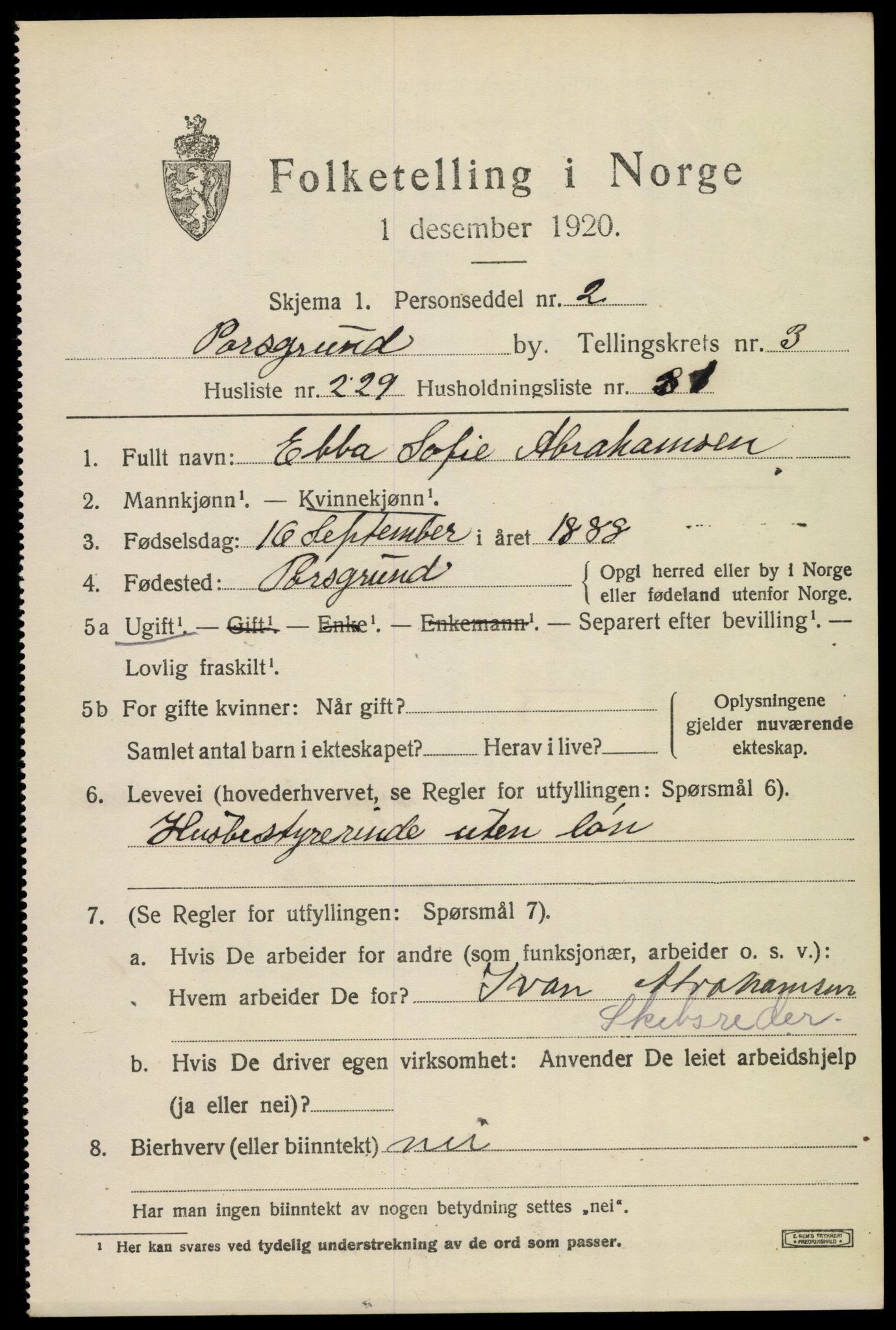 SAKO, 1920 census for Porsgrunn, 1920, p. 17319