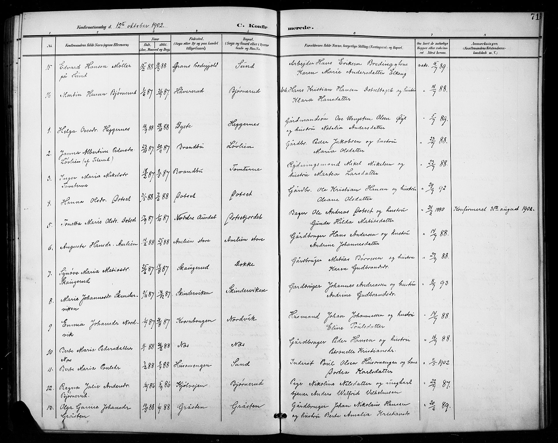 Vestre Toten prestekontor, SAH/PREST-108/H/Ha/Hab/L0016: Parish register (copy) no. 16, 1901-1915, p. 71