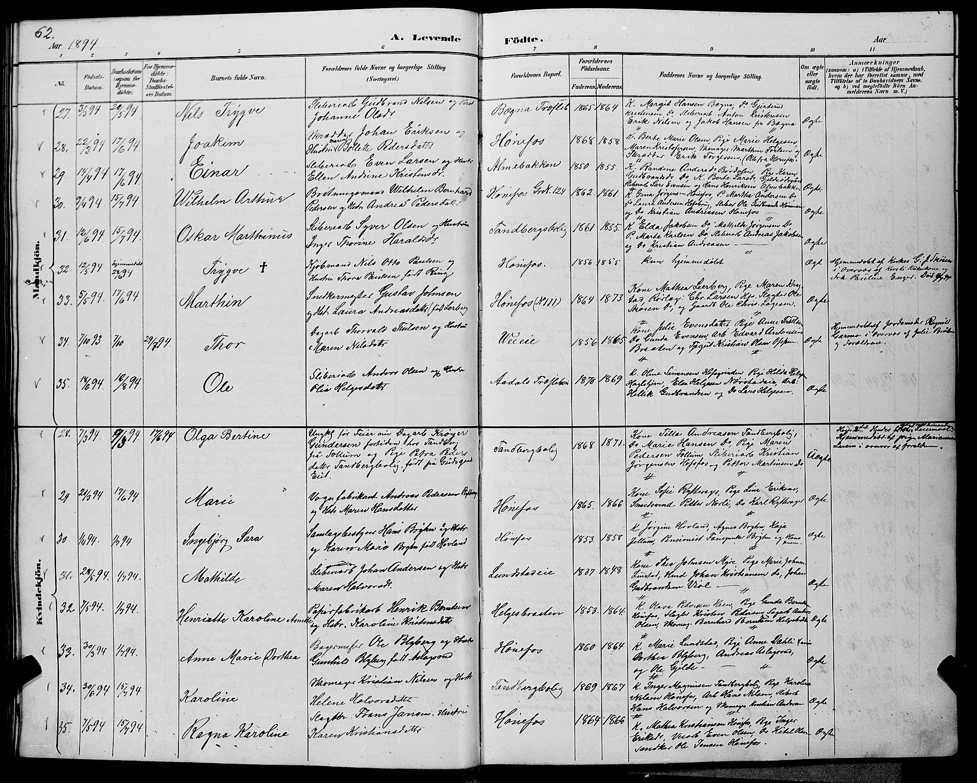 Hønefoss kirkebøker, AV/SAKO-A-609/G/Ga/L0002: Parish register (copy) no. 2, 1888-1904, p. 62