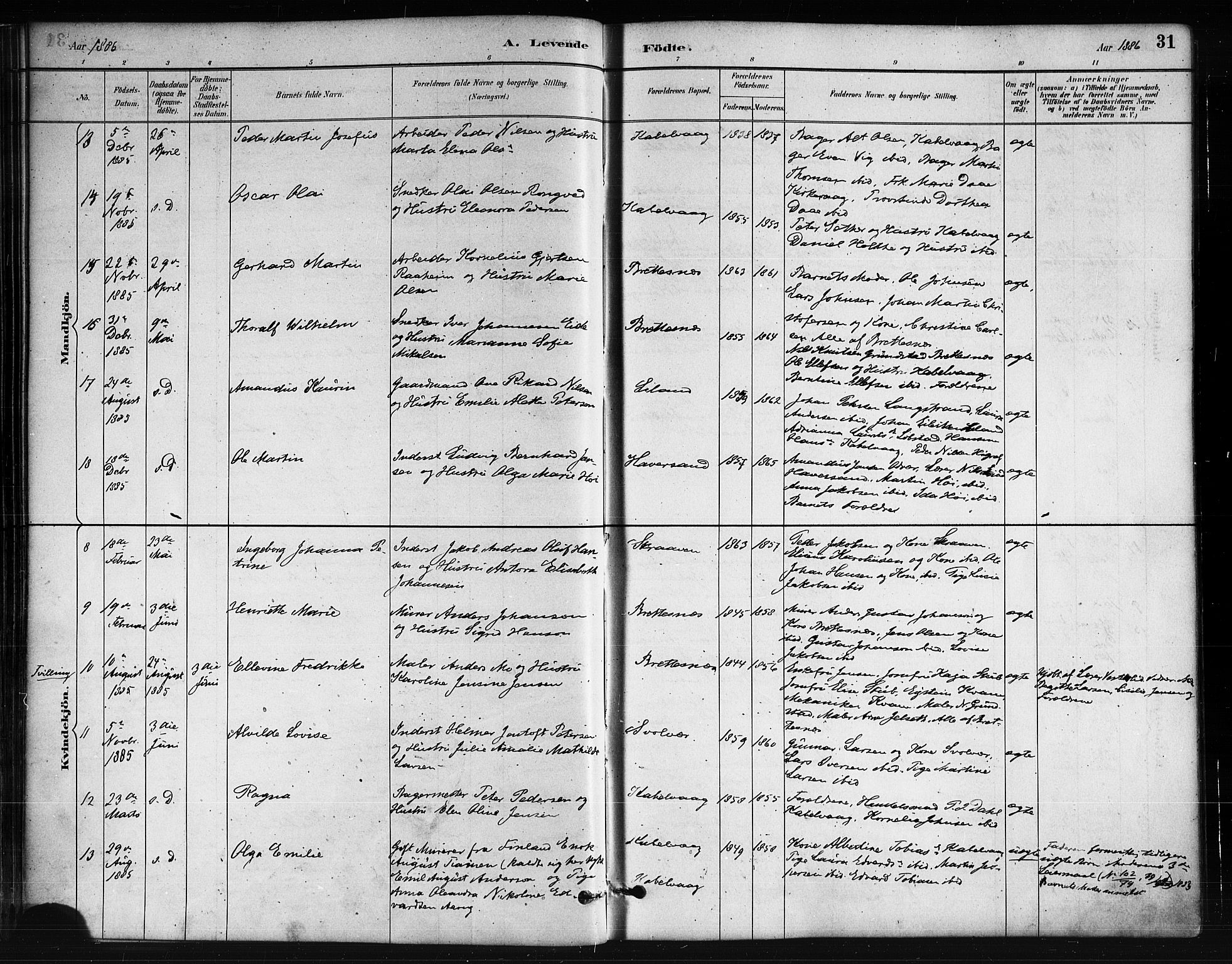 Ministerialprotokoller, klokkerbøker og fødselsregistre - Nordland, AV/SAT-A-1459/874/L1059: Parish register (official) no. 874A03, 1884-1890, p. 31