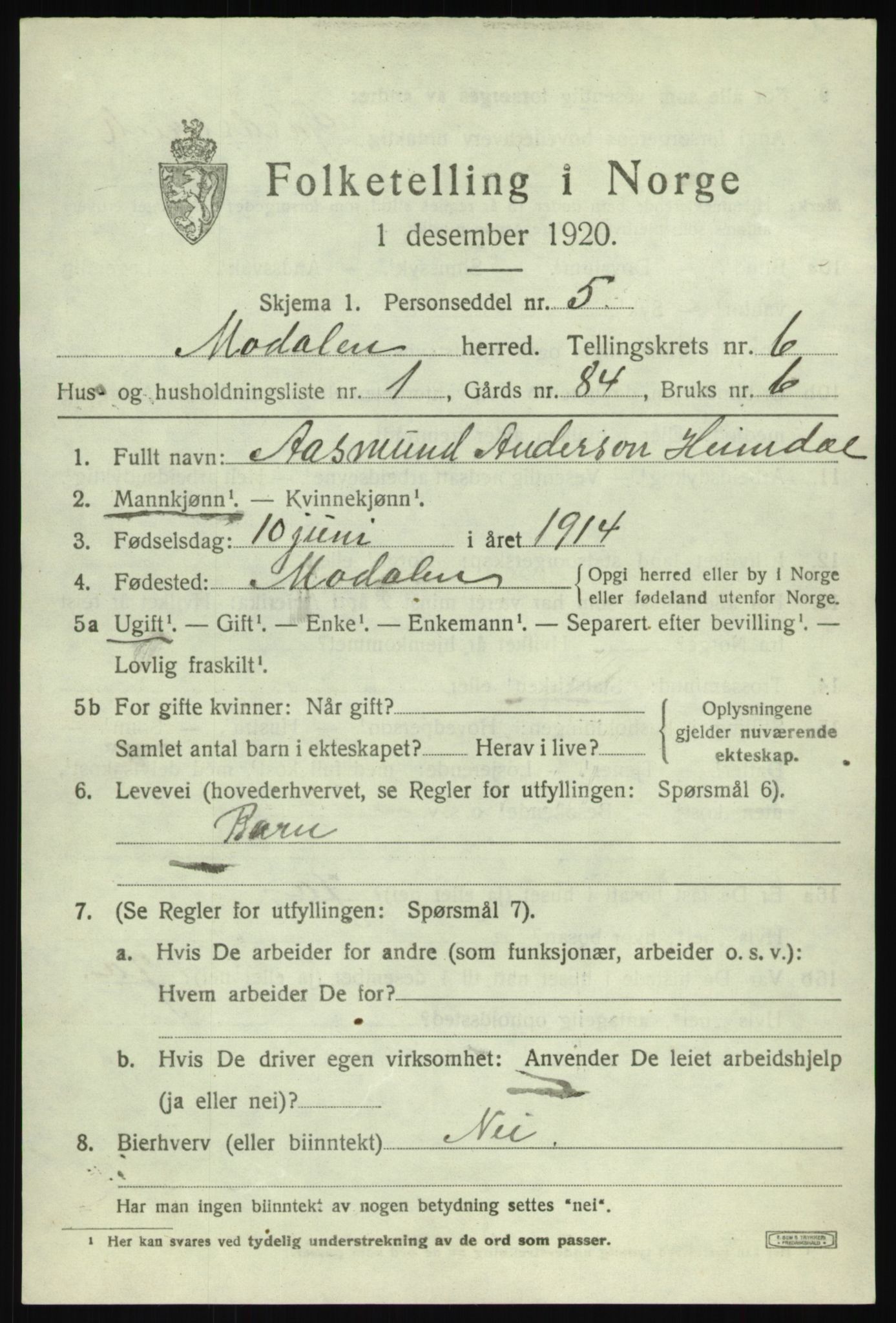 SAB, 1920 census for Modalen, 1920, p. 1132