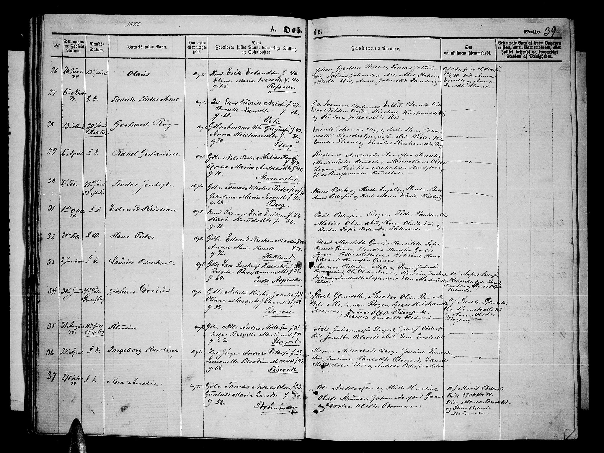 Kvæfjord sokneprestkontor, SATØ/S-1323/G/Ga/Gab/L0004klokker: Parish register (copy) no. 4, 1870-1886, p. 39