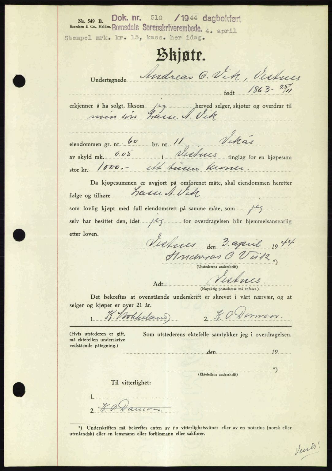 Romsdal sorenskriveri, SAT/A-4149/1/2/2C: Mortgage book no. A16, 1944-1944, Diary no: : 510/1944