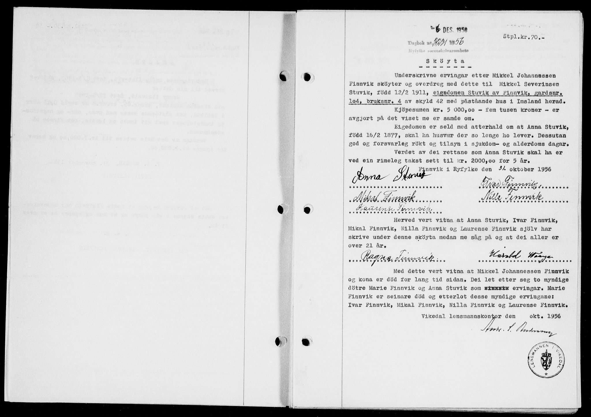 Ryfylke tingrett, SAST/A-100055/001/II/IIB/L0135: Mortgage book no. 114, 1956-1957, Diary no: : 2231/1956