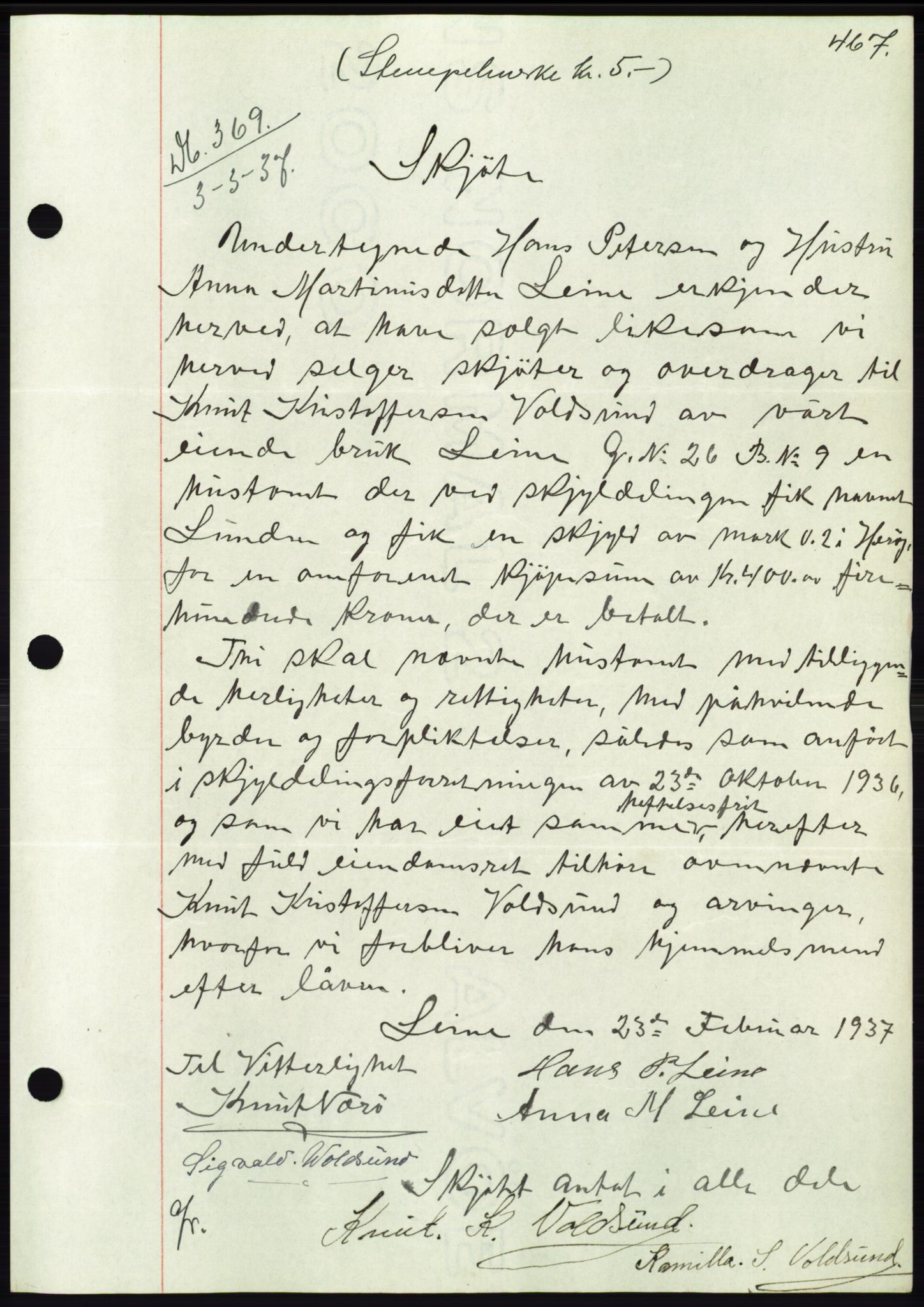 Søre Sunnmøre sorenskriveri, SAT/A-4122/1/2/2C/L0062: Mortgage book no. 56, 1936-1937, Diary no: : 369/1937
