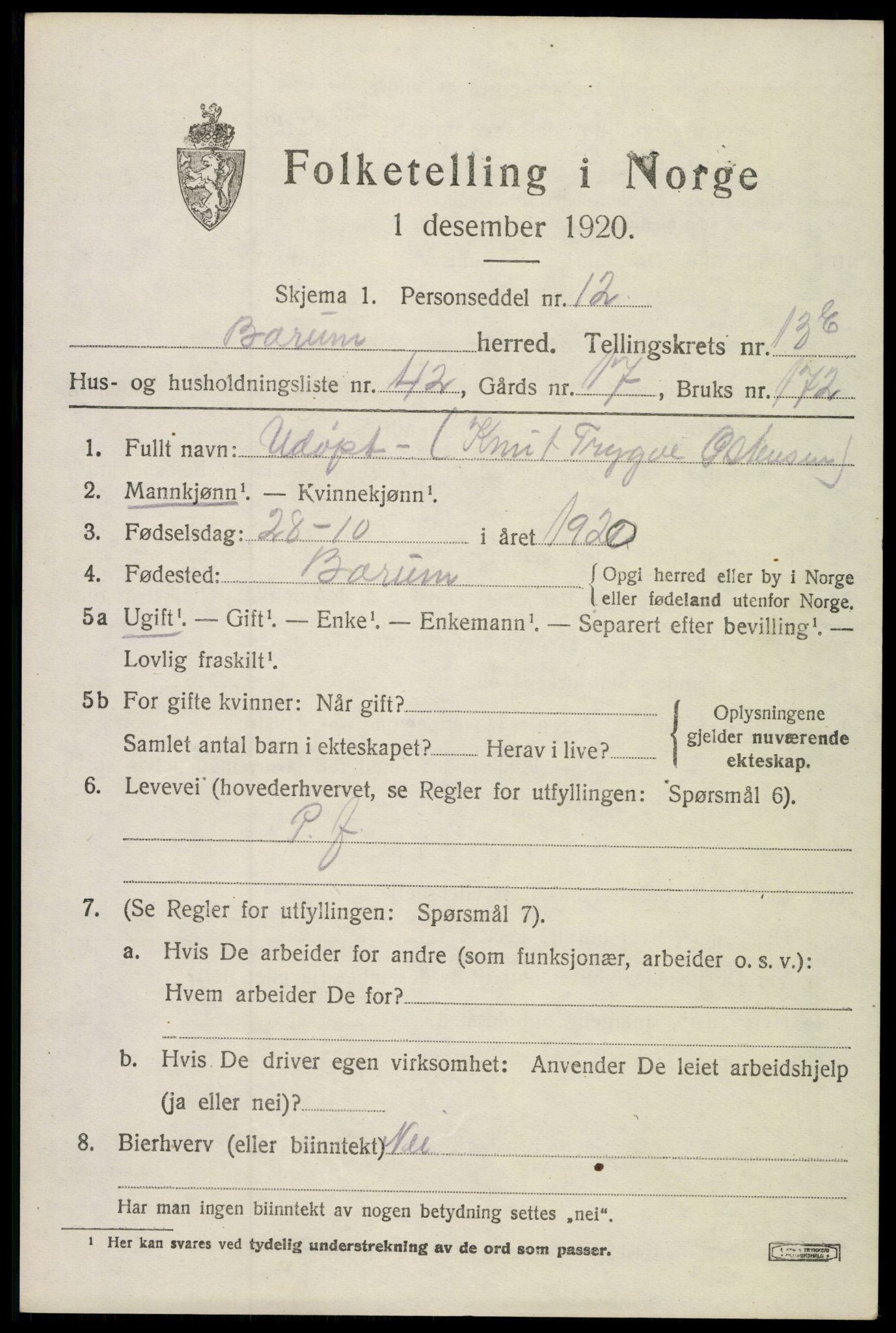 SAO, 1920 census for Bærum, 1920, p. 38384