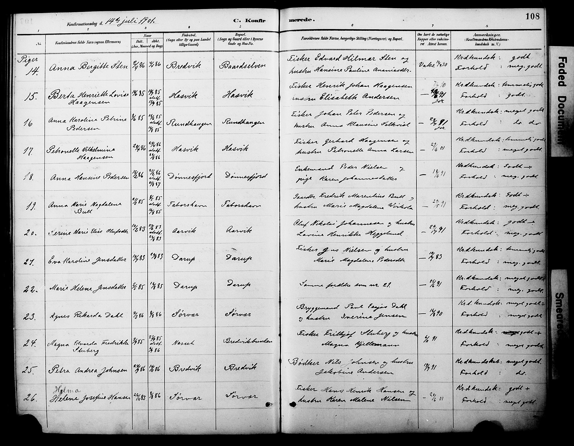 Loppa sokneprestkontor, AV/SATØ-S-1339/H/Ha/L0008kirke: Parish register (official) no. 8, 1889-1907, p. 108