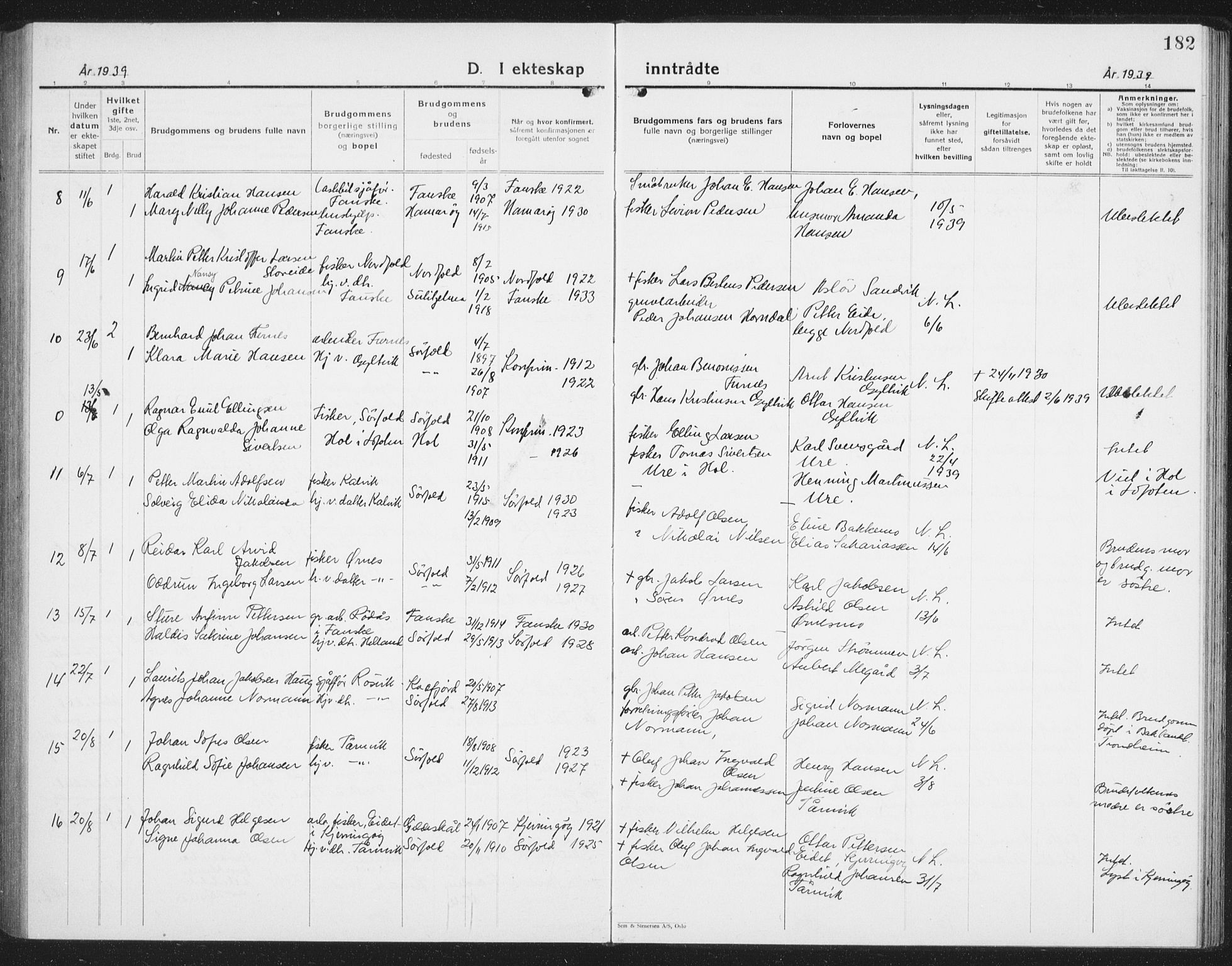 Ministerialprotokoller, klokkerbøker og fødselsregistre - Nordland, AV/SAT-A-1459/854/L0788: Parish register (copy) no. 854C04, 1926-1940, p. 182