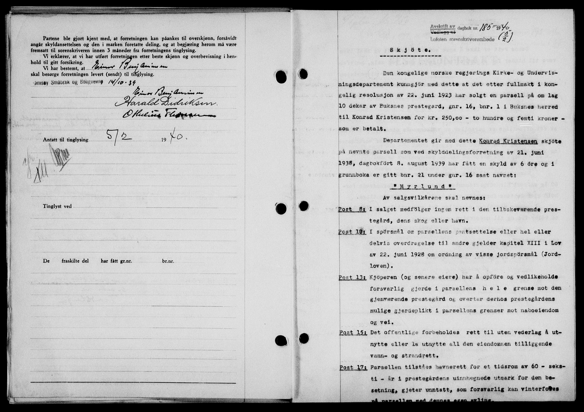 Lofoten sorenskriveri, SAT/A-0017/1/2/2C/L0007a: Mortgage book no. 7a, 1939-1940, Diary no: : 185/1940