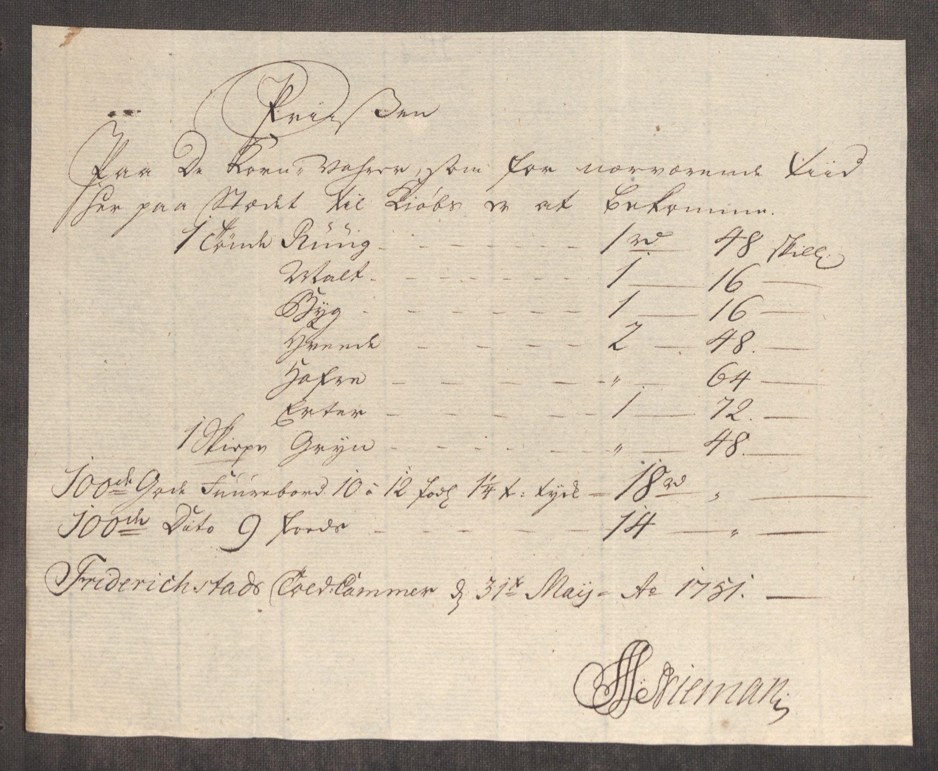 Rentekammeret inntil 1814, Realistisk ordnet avdeling, AV/RA-EA-4070/Oe/L0004: [Ø1]: Priskuranter, 1749-1752, p. 481