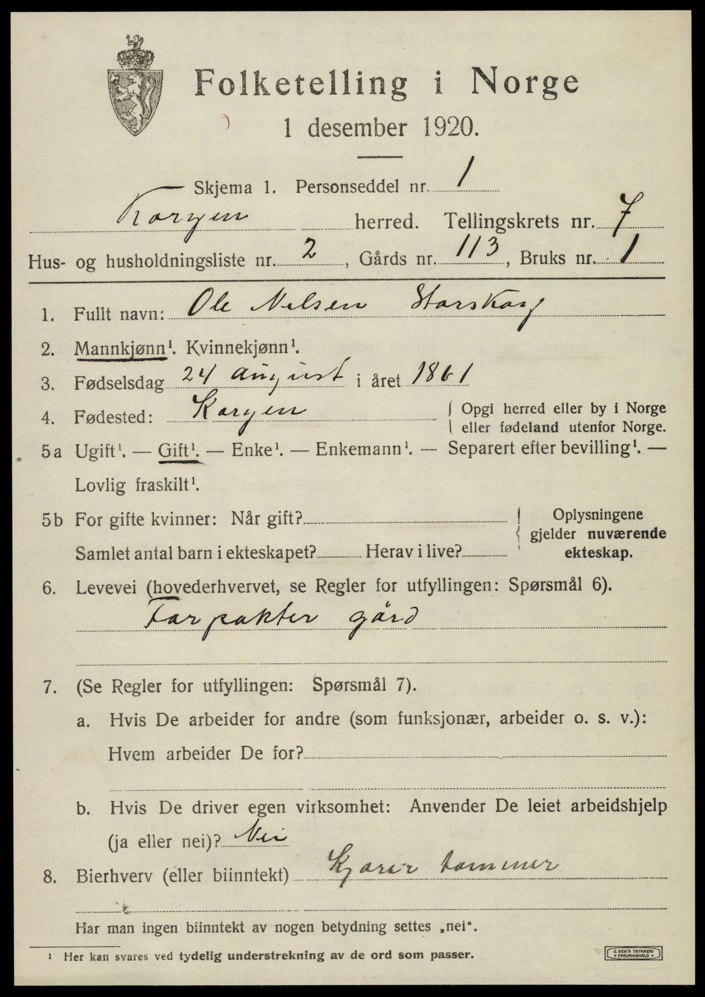 SAT, 1920 census for Korgen, 1920, p. 2790