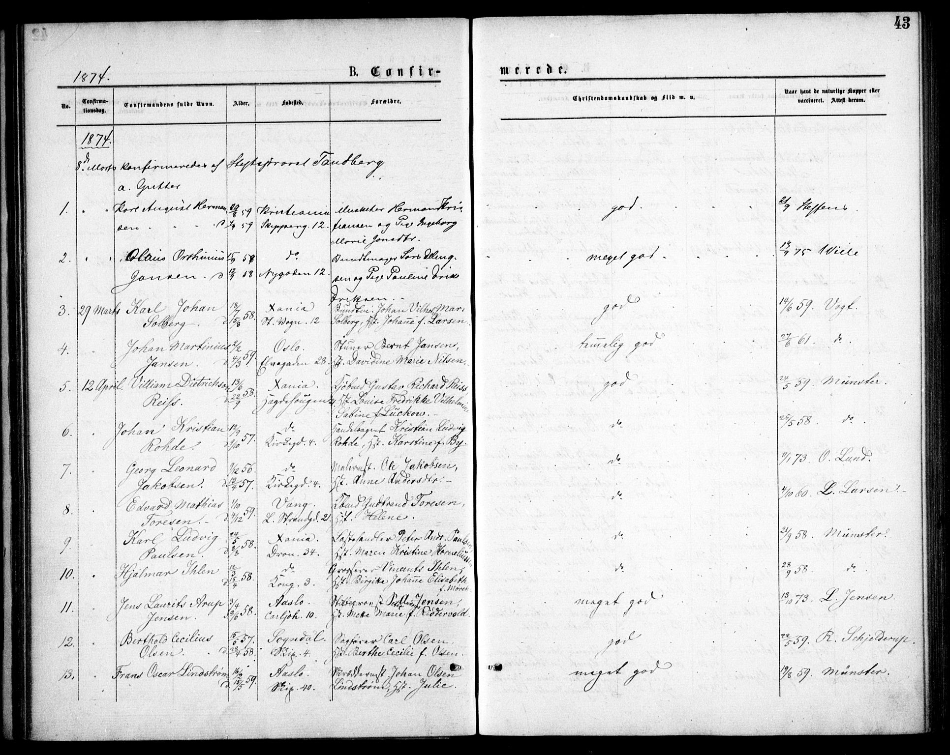 Oslo domkirke Kirkebøker, SAO/A-10752/F/Fa/L0018: Parish register (official) no. 18, 1872-1886, p. 43