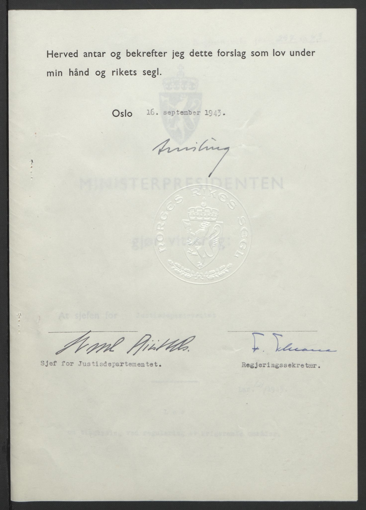 NS-administrasjonen 1940-1945 (Statsrådsekretariatet, de kommisariske statsråder mm), AV/RA-S-4279/D/Db/L0099: Lover, 1943, p. 567