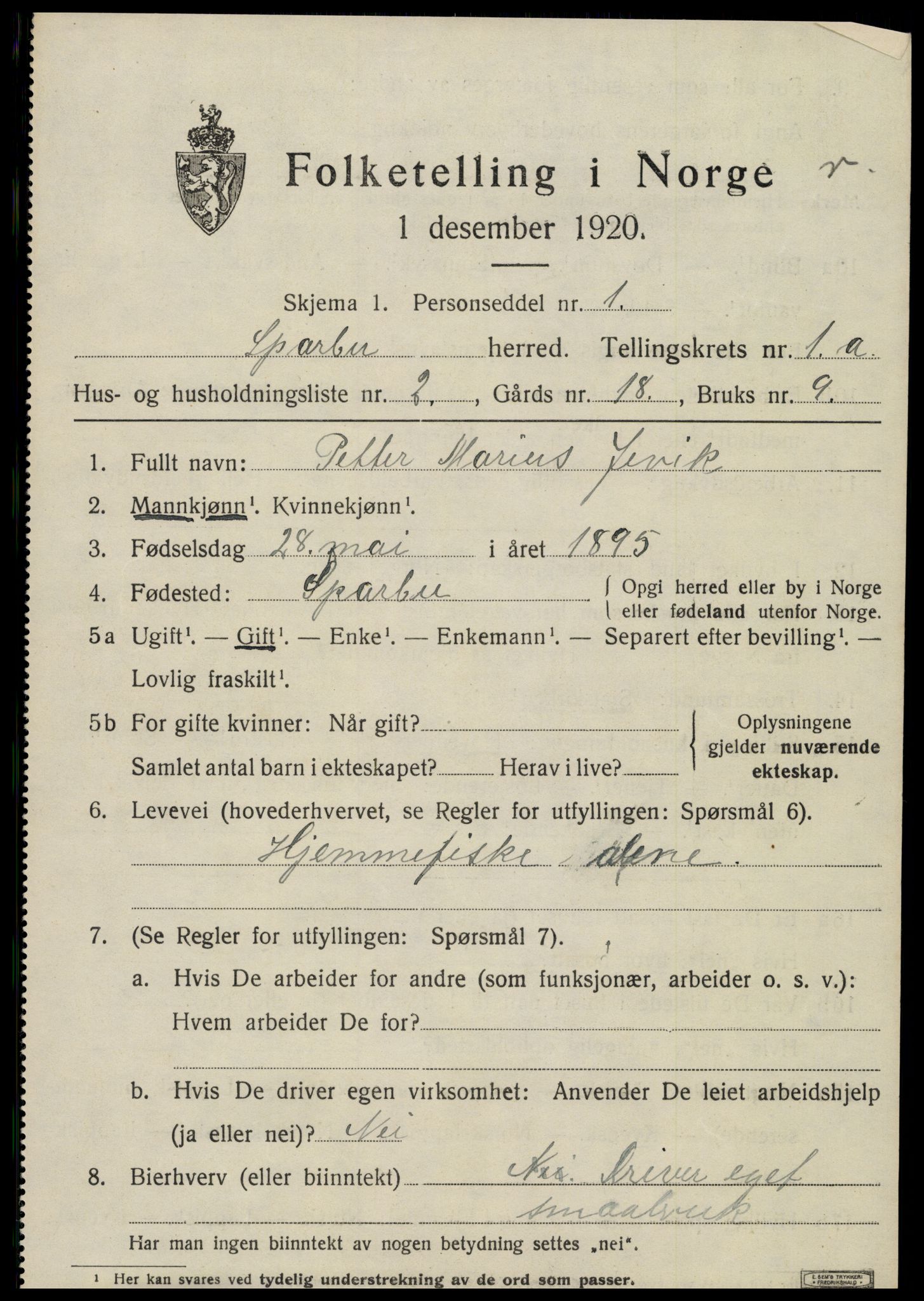 SAT, 1920 census for Sparbu, 1920, p. 1011
