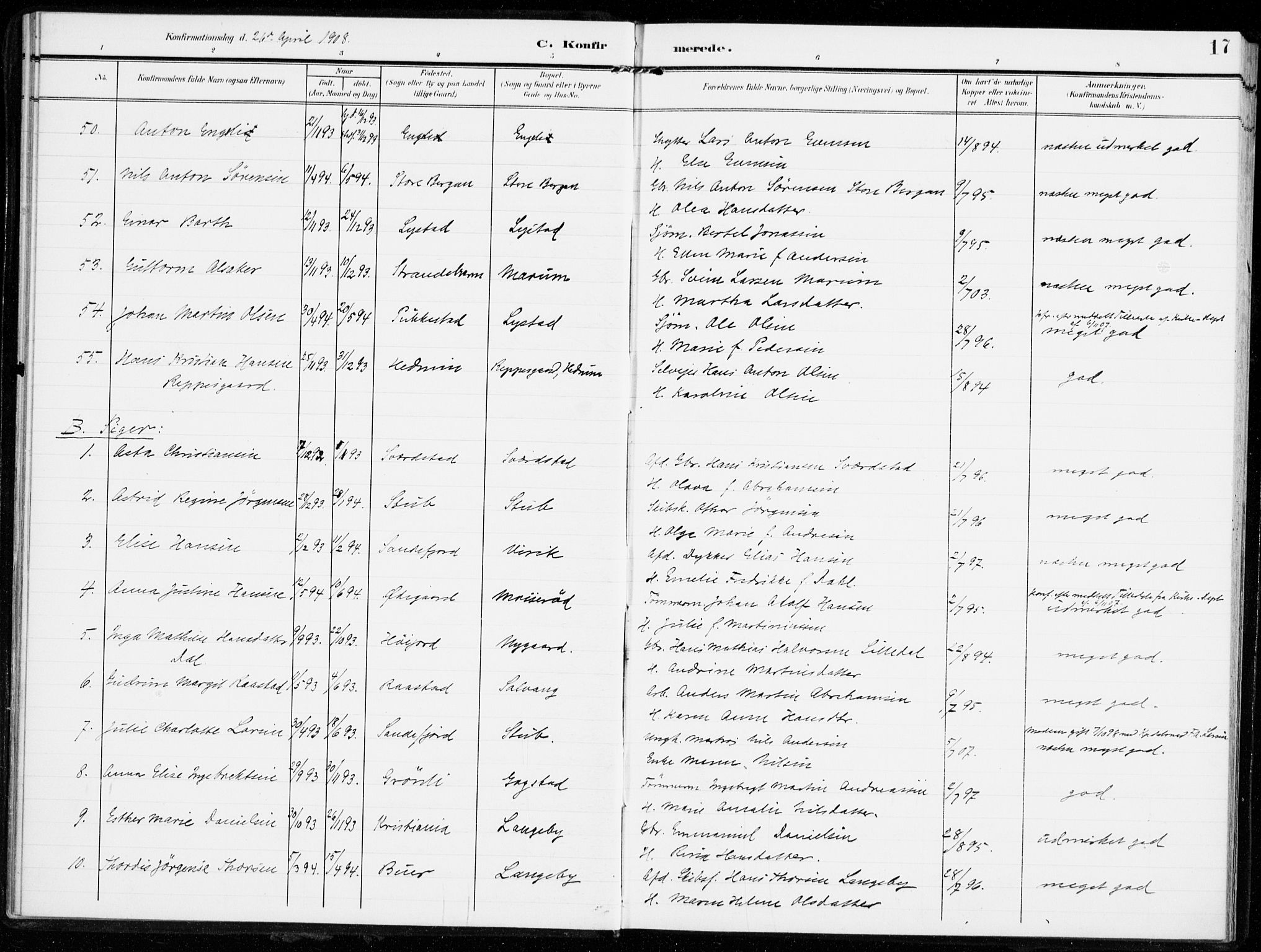 Sandar kirkebøker, AV/SAKO-A-243/F/Fa/L0017: Parish register (official) no. 17, 1907-1917, p. 17