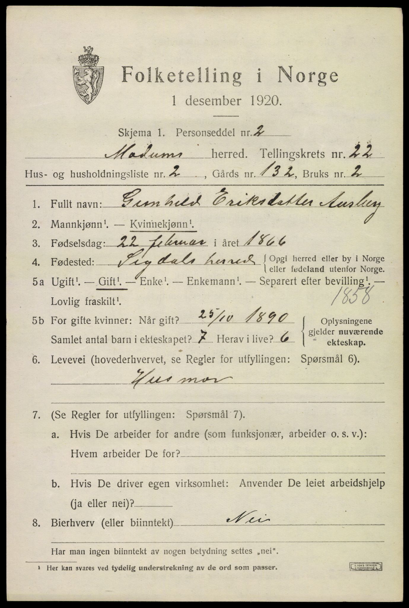 SAKO, 1920 census for Modum, 1920, p. 22975