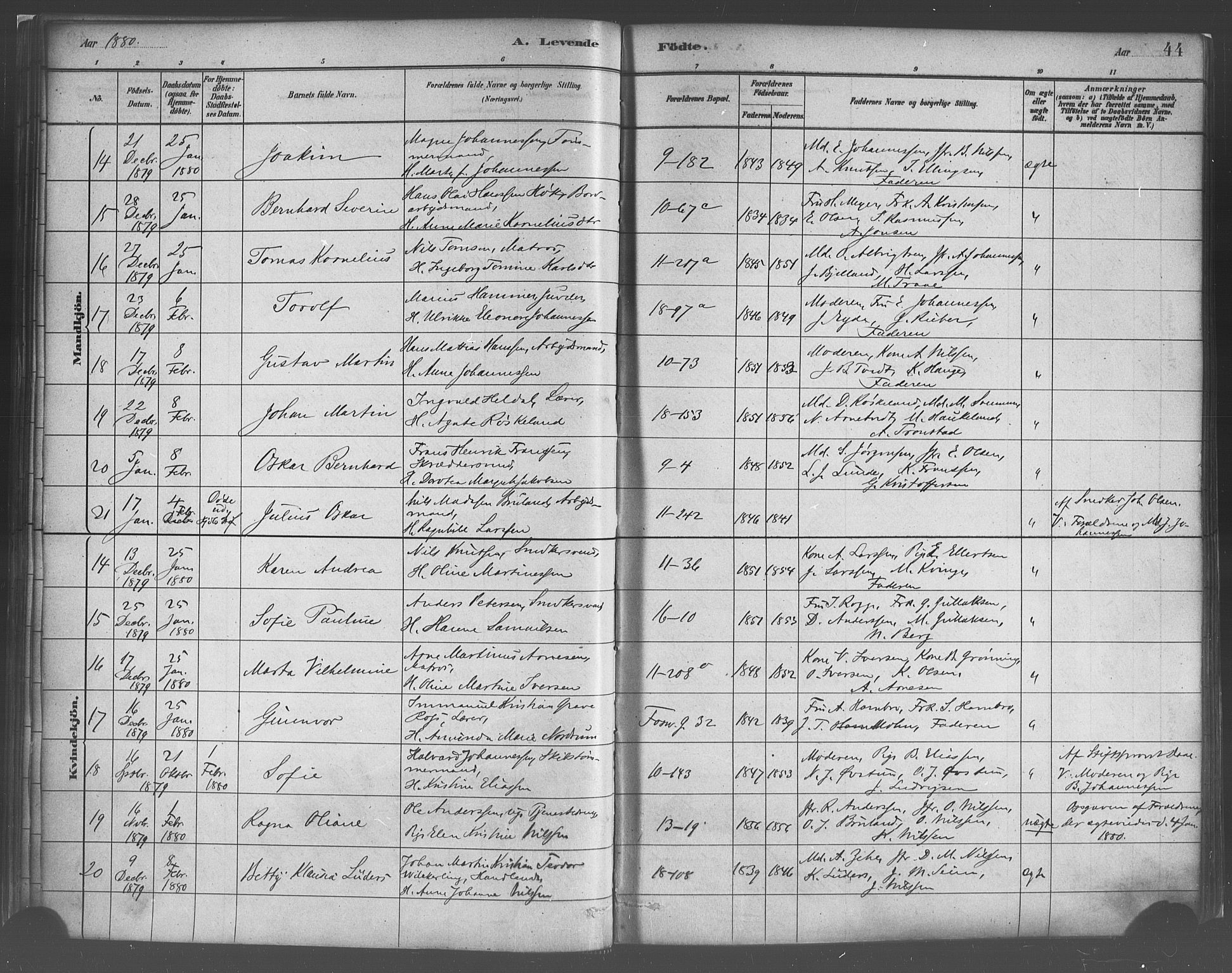 Domkirken sokneprestembete, AV/SAB-A-74801/H/Haa/L0023: Parish register (official) no. B 6, 1879-1887, p. 44