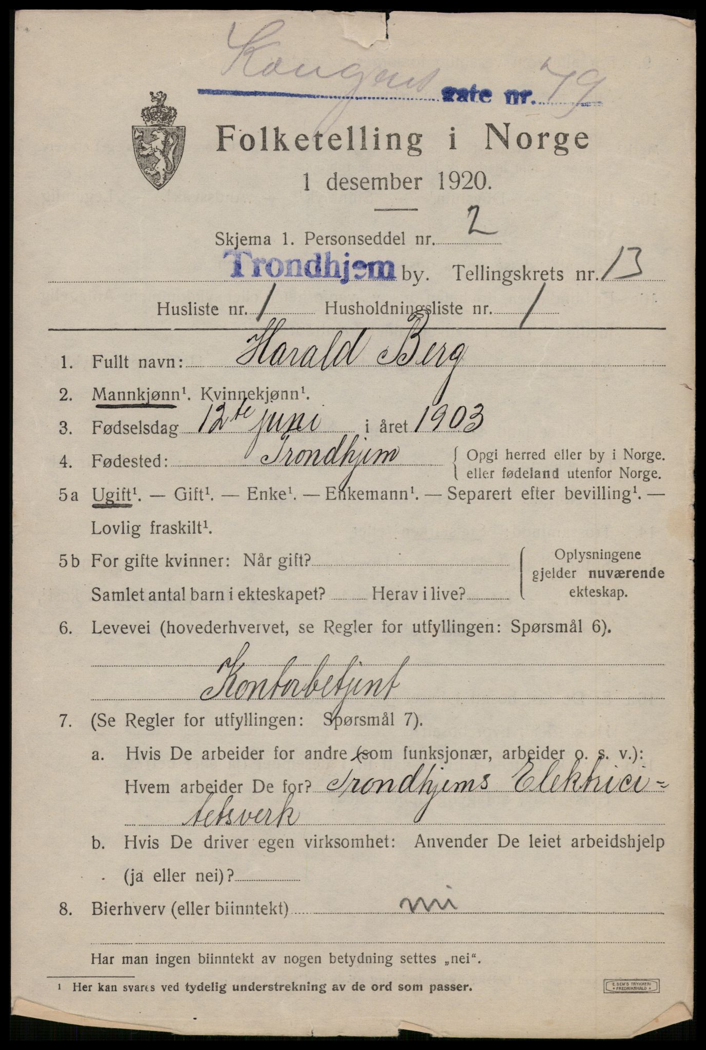 SAT, 1920 census for Trondheim, 1920, p. 49426