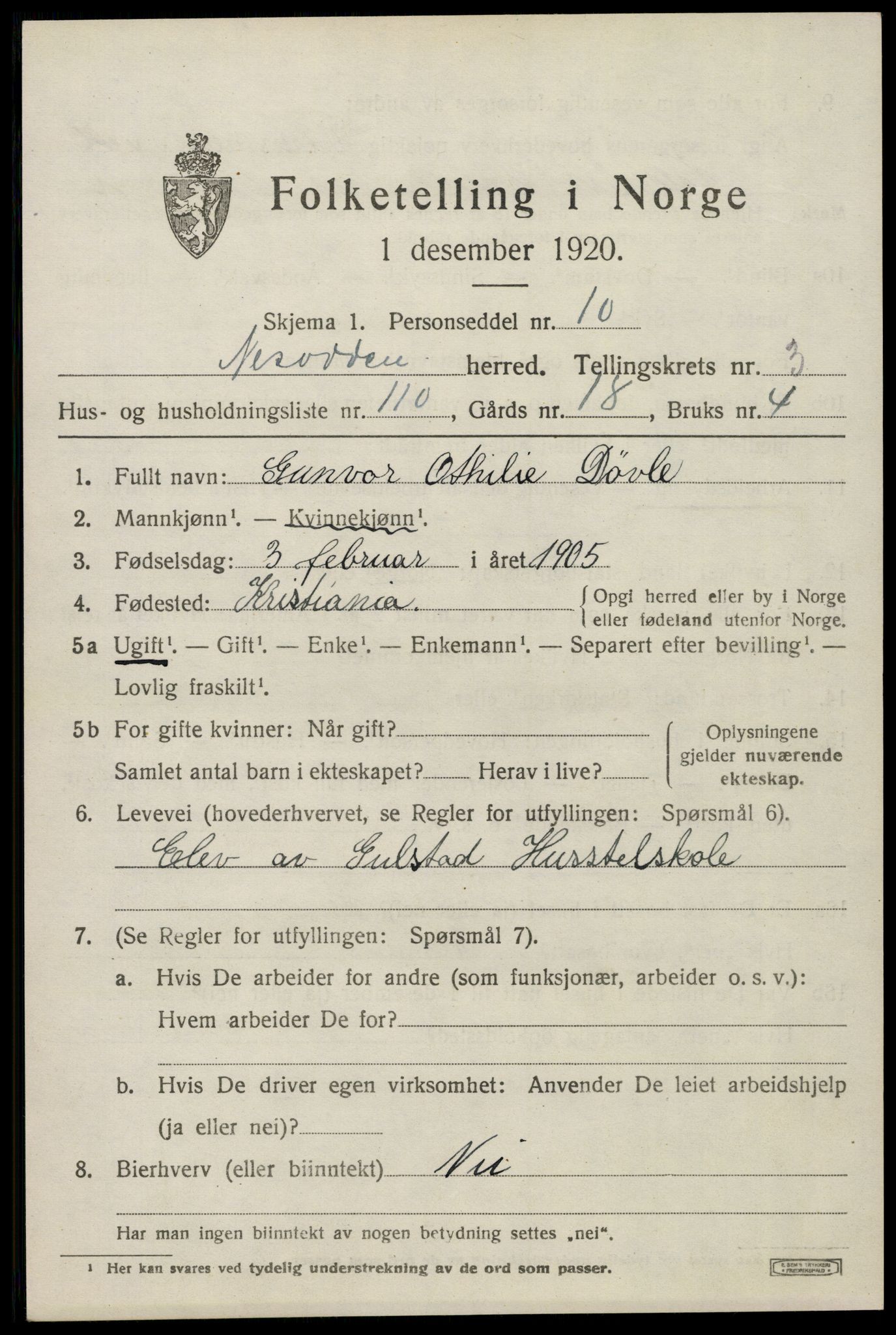 SAO, 1920 census for Nesodden, 1920, p. 3757