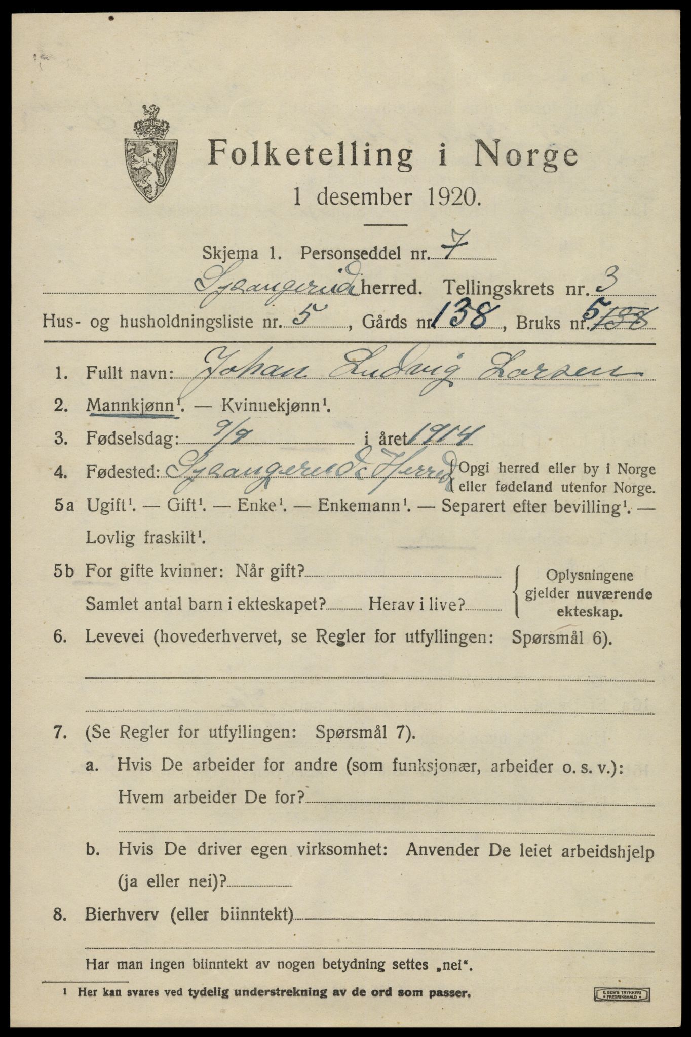 SAK, 1920 census for Spangereid, 1920, p. 1489