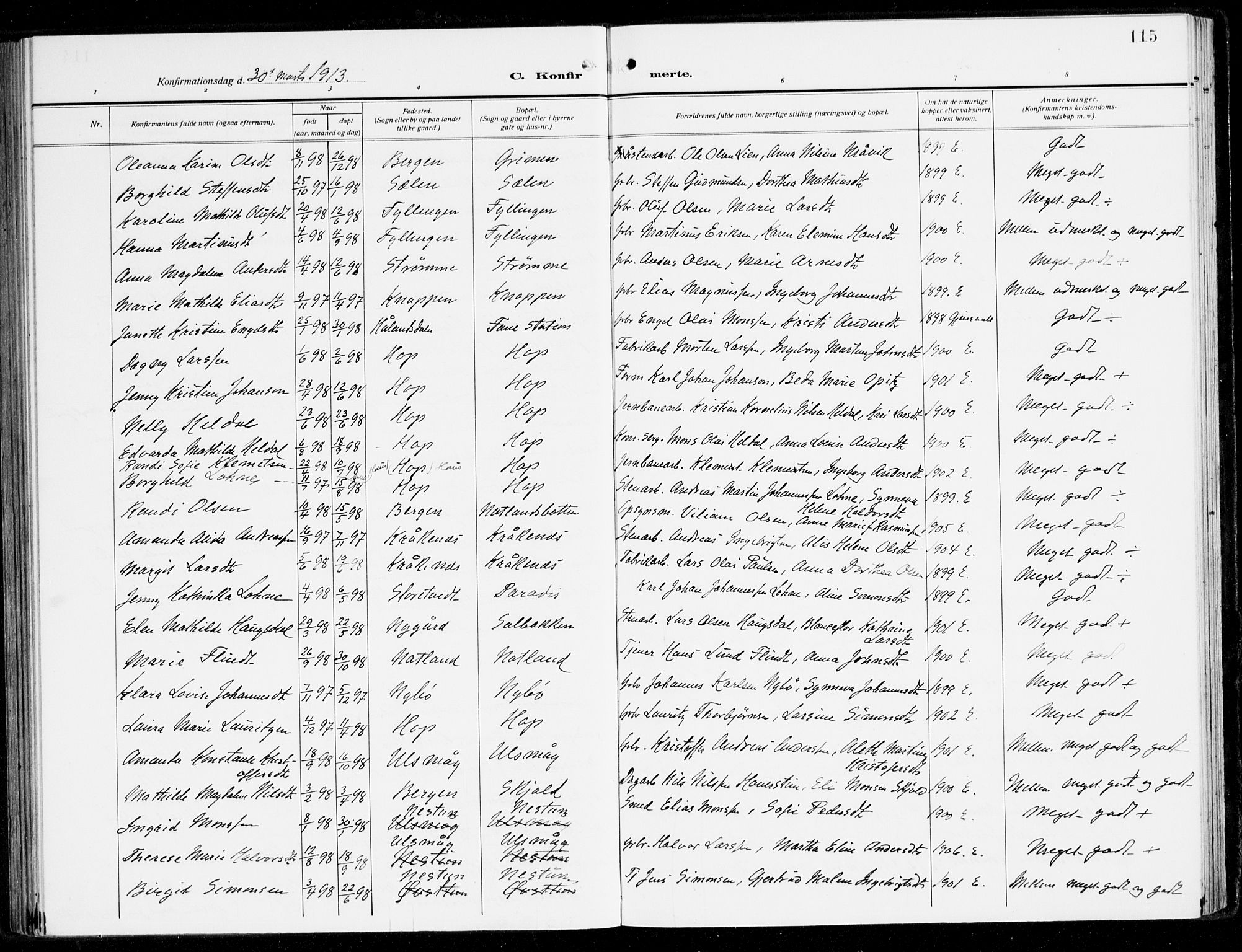 Fana Sokneprestembete, AV/SAB-A-75101/H/Haa/Haai/L0004: Parish register (official) no. I 4, 1912-1933, p. 115