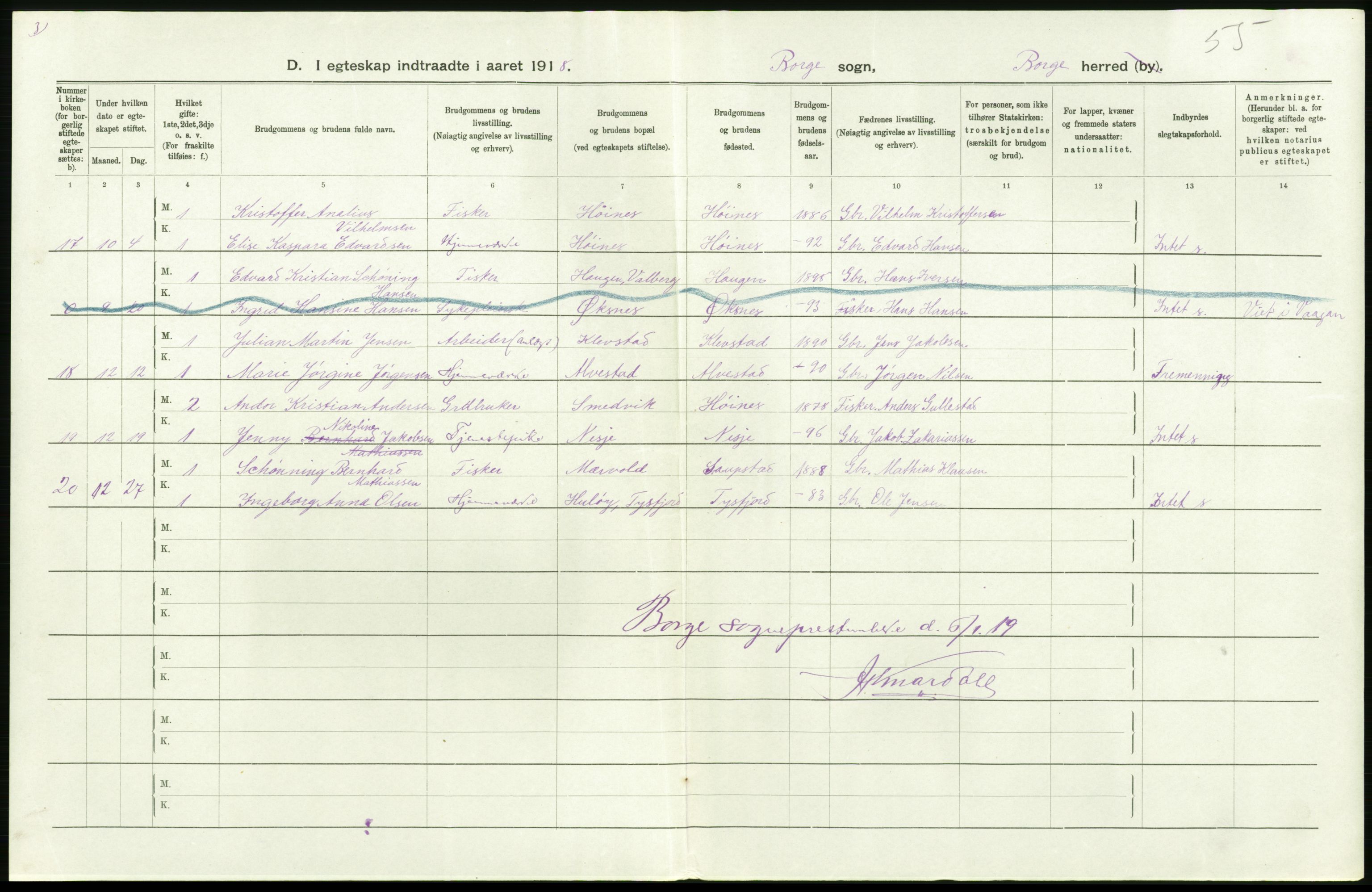 Statistisk sentralbyrå, Sosiodemografiske emner, Befolkning, AV/RA-S-2228/D/Df/Dfb/Dfbh/L0054: Nordland fylke: Gifte, dødfødte. Bygder og byer., 1918, p. 244