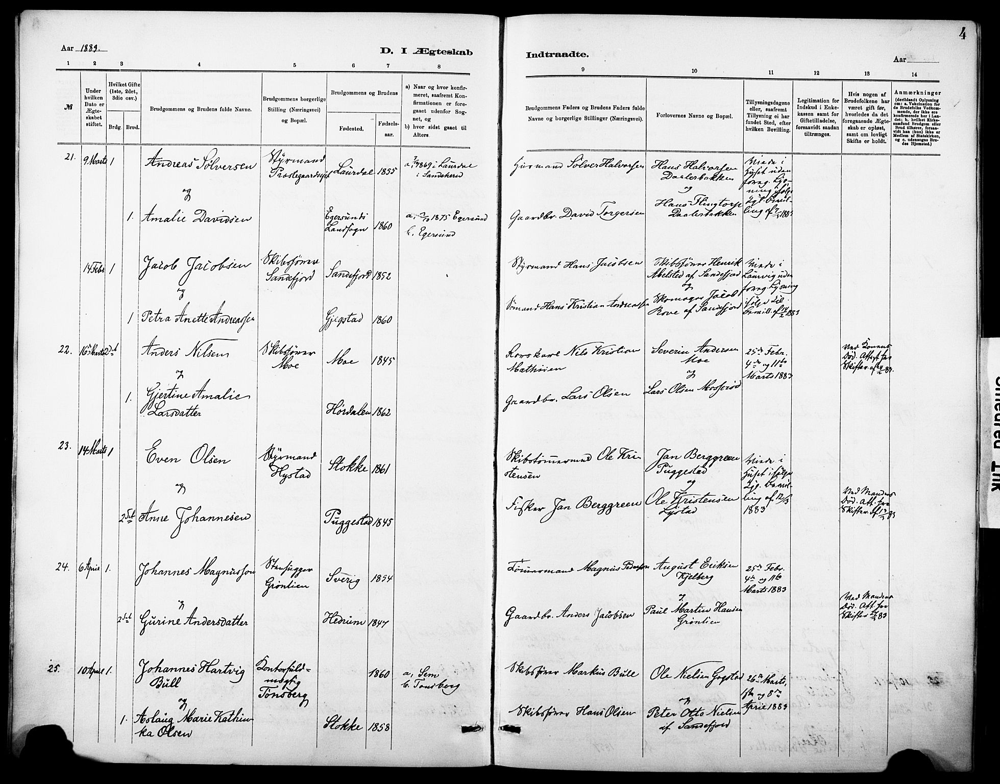 Sandar kirkebøker, AV/SAKO-A-243/F/Fa/L0013: Parish register (official) no. 13, 1883-1895, p. 4