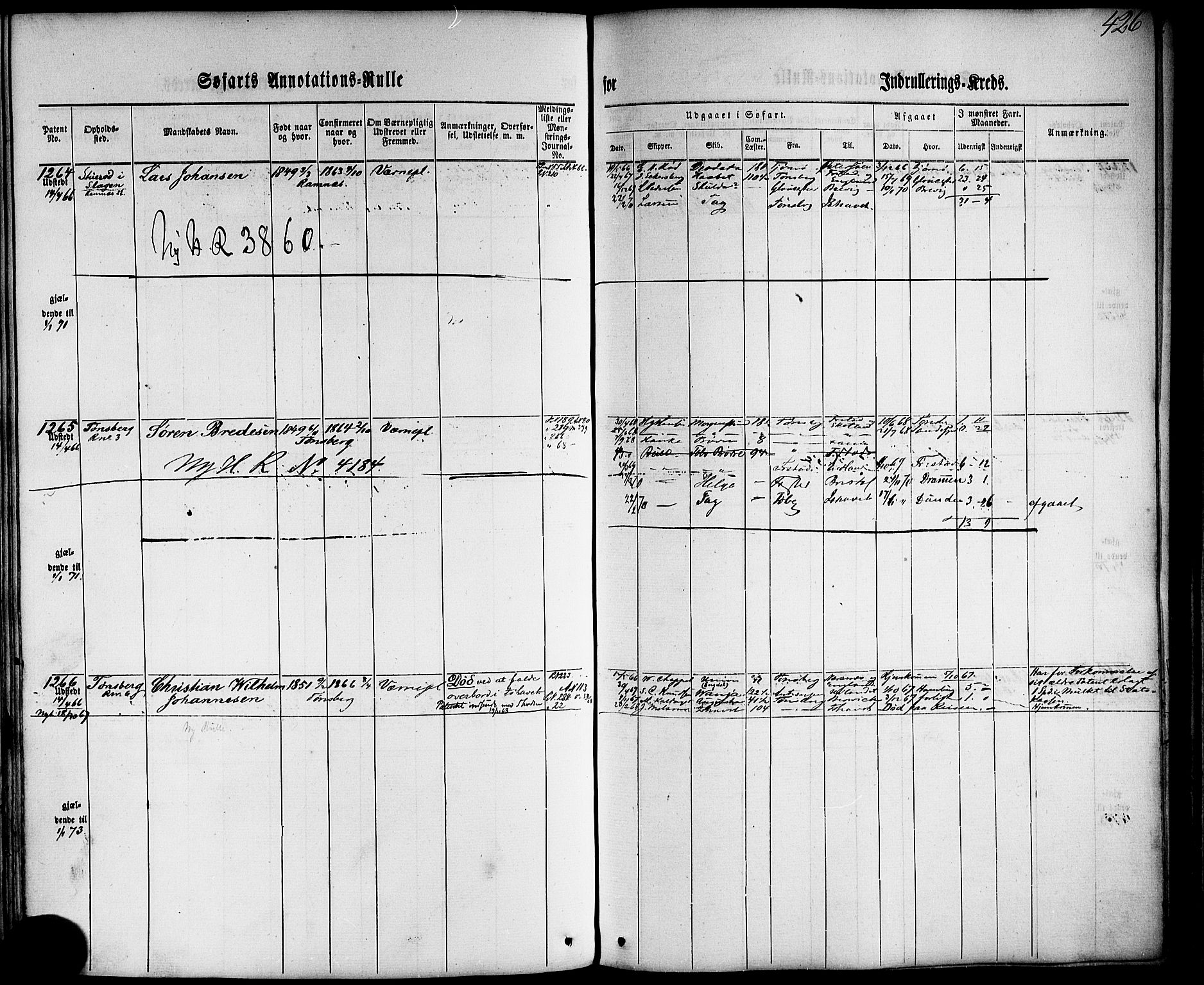 Tønsberg innrulleringskontor, AV/SAKO-A-786/F/Fb/L0001: Annotasjonsrulle Patent nr. 1-1724, 1860-1868, p. 445