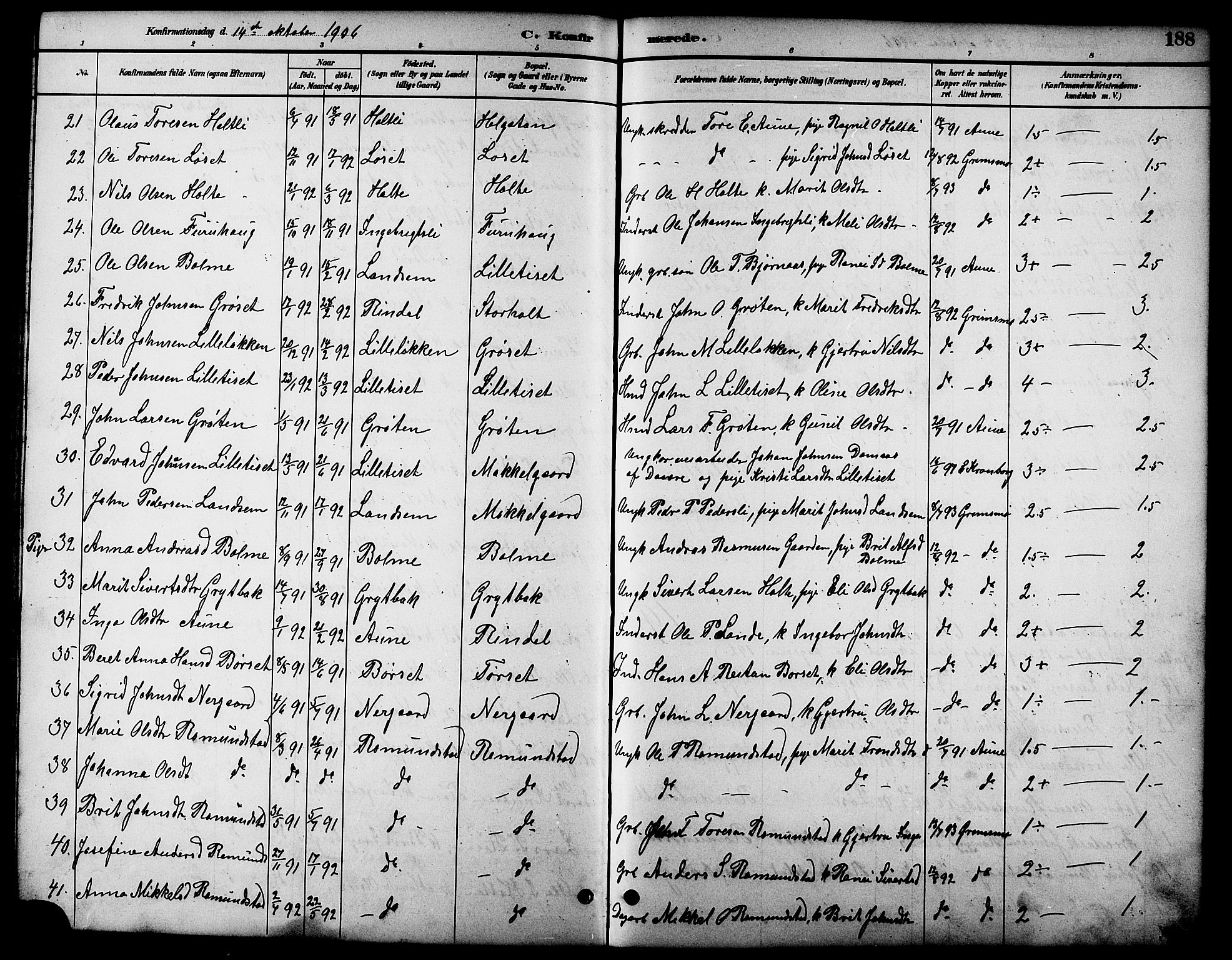 Ministerialprotokoller, klokkerbøker og fødselsregistre - Møre og Romsdal, SAT/A-1454/598/L1078: Parish register (copy) no. 598C03, 1892-1909, p. 188