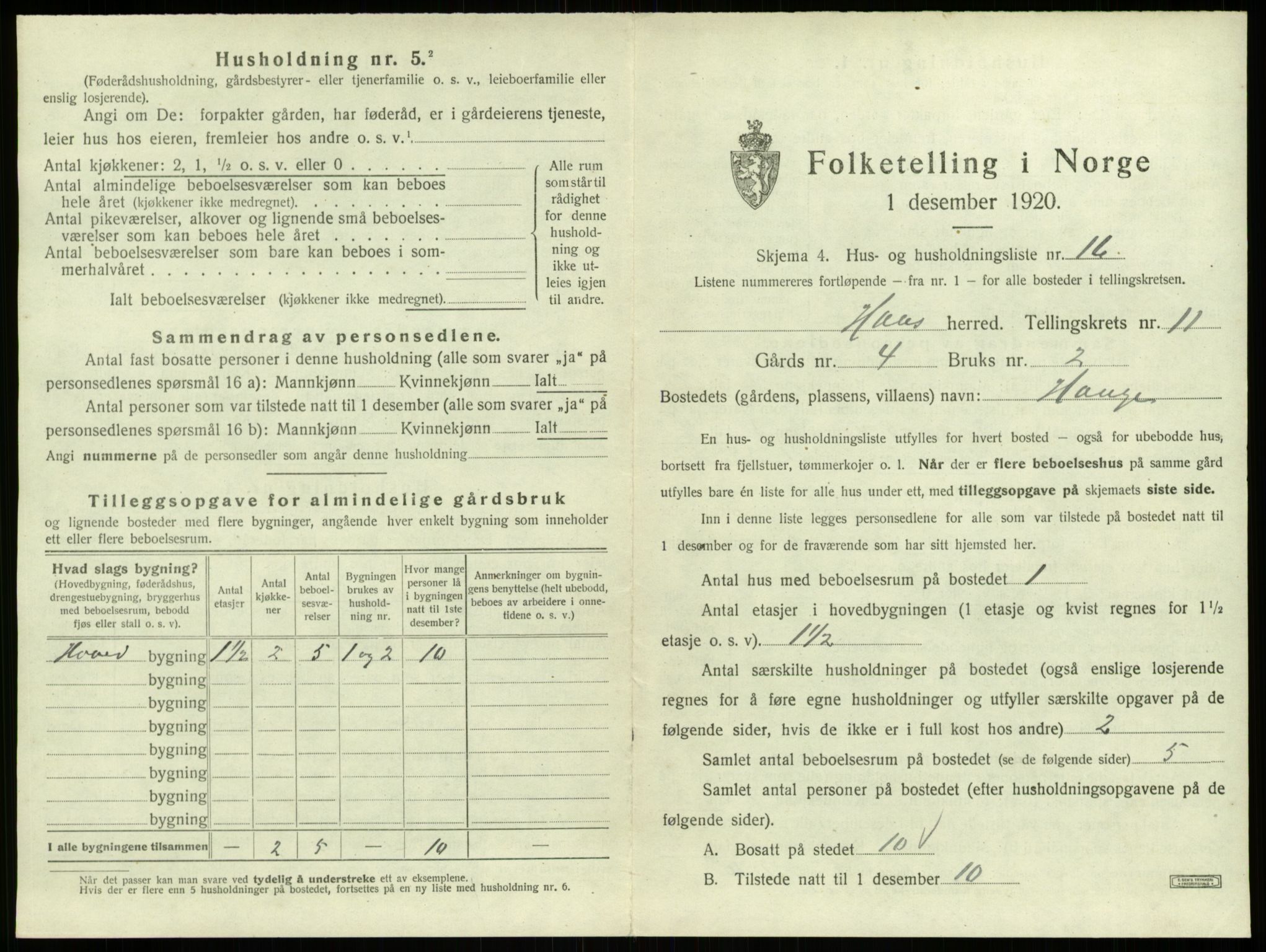 SAB, 1920 census for Haus, 1920, p. 843