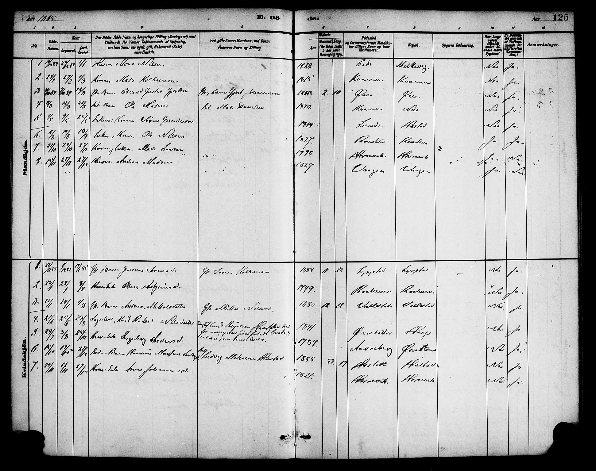 Gaular sokneprestembete, AV/SAB-A-80001/H/Haa: Parish register (official) no. D 1, 1882-1899, p. 125