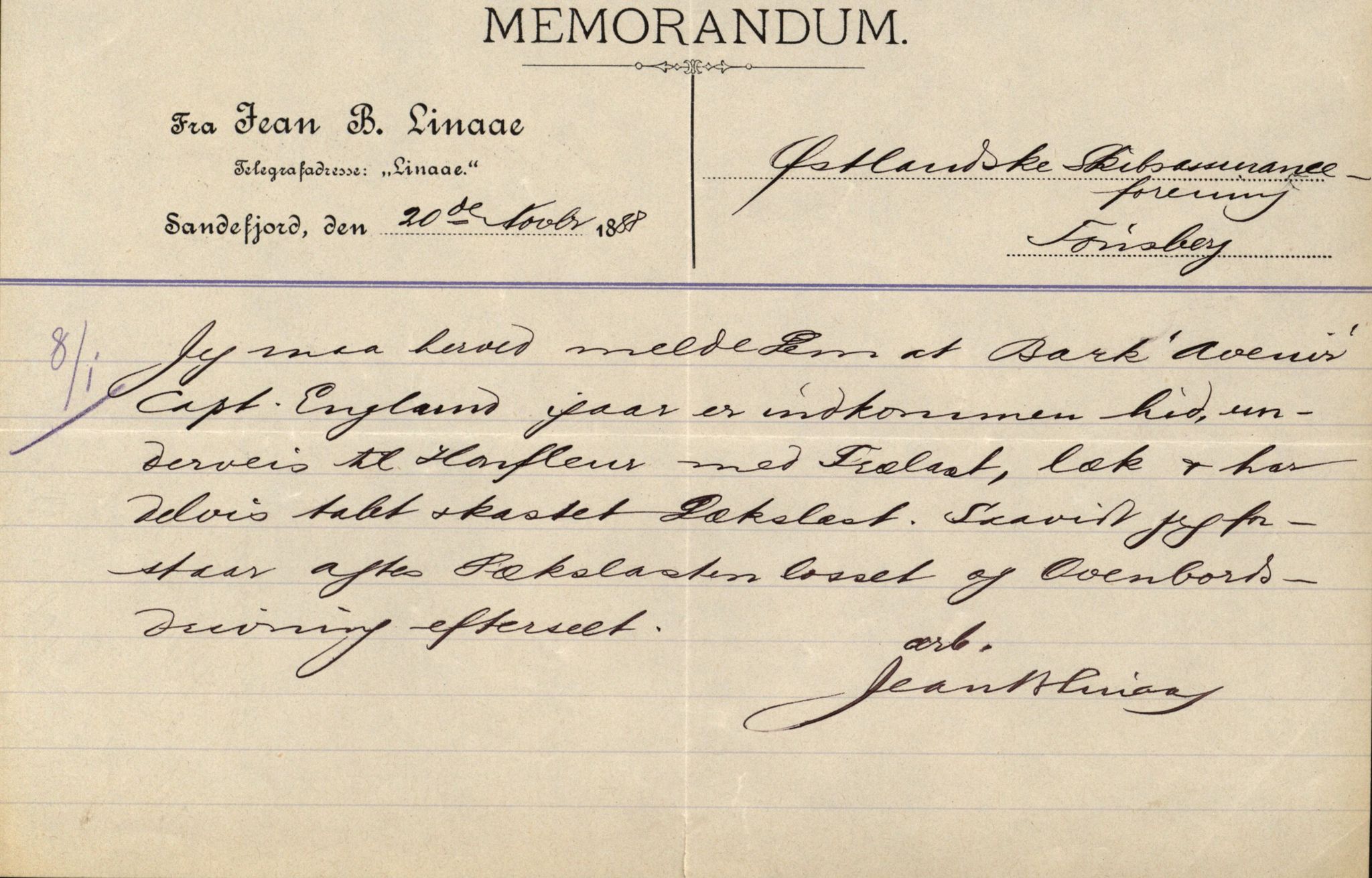 Pa 63 - Østlandske skibsassuranceforening, VEMU/A-1079/G/Ga/L0021/0009: Havaridokumenter / Anne, Elizabeth, Asker, Avenir, Bernadotte, 1888, p. 18