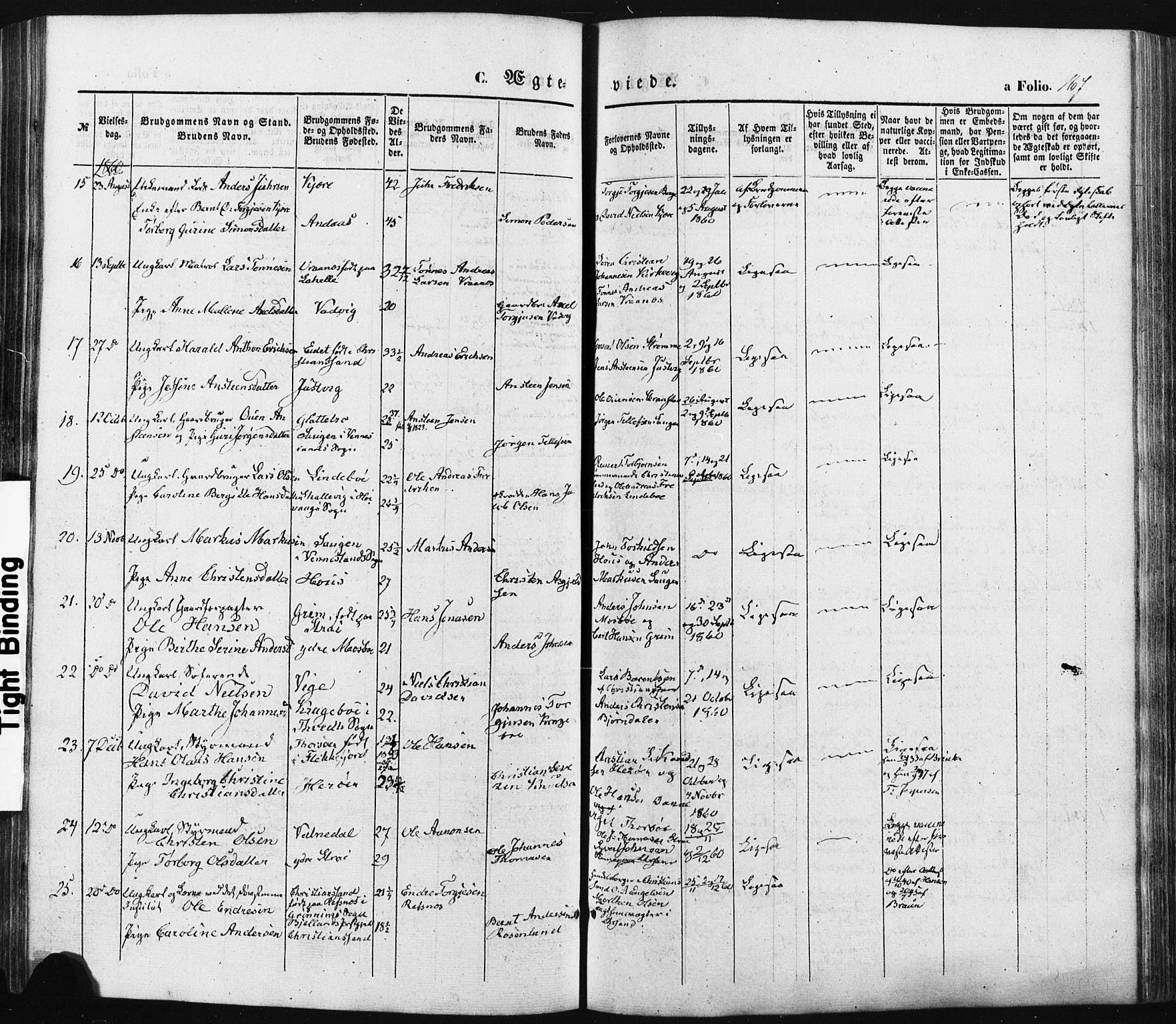 Oddernes sokneprestkontor, AV/SAK-1111-0033/F/Fa/Faa/L0007: Parish register (official) no. A 7, 1851-1863, p. 167