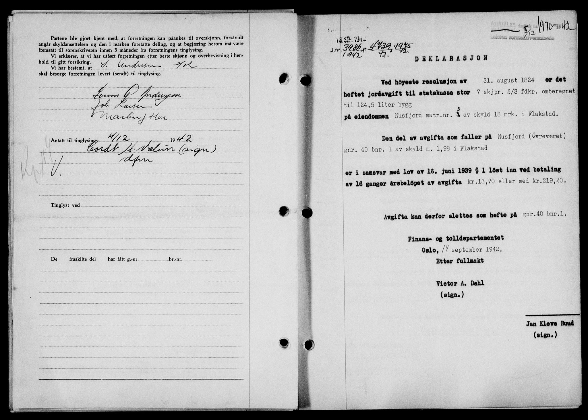 Lofoten sorenskriveri, SAT/A-0017/1/2/2C/L0010a: Mortgage book no. 10a, 1942-1943, Diary no: : 1970/1942