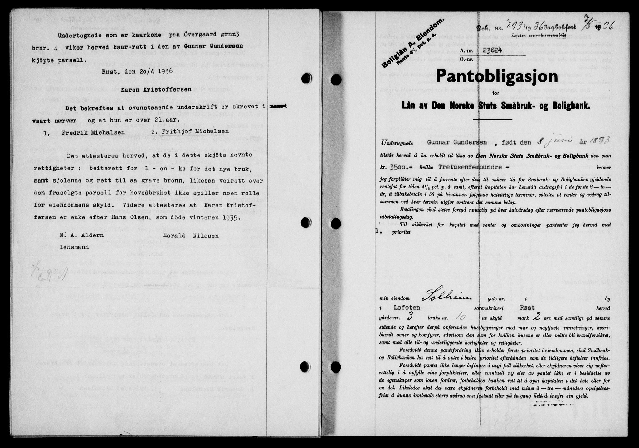 Lofoten sorenskriveri, SAT/A-0017/1/2/2C/L0033b: Mortgage book no. 33b, 1936-1936, Diary no: : 793/1936