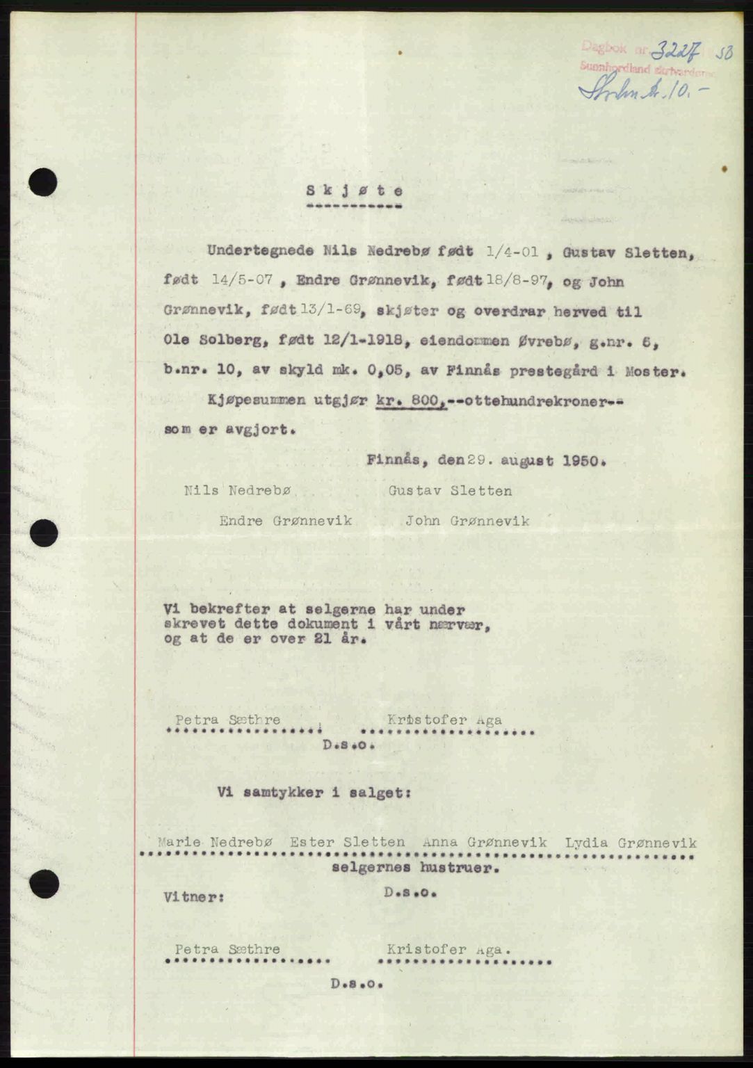 Sunnhordland sorenskrivar, AV/SAB-A-2401: Mortgage book no. A95, 1950-1950, Diary no: : 3227/1950