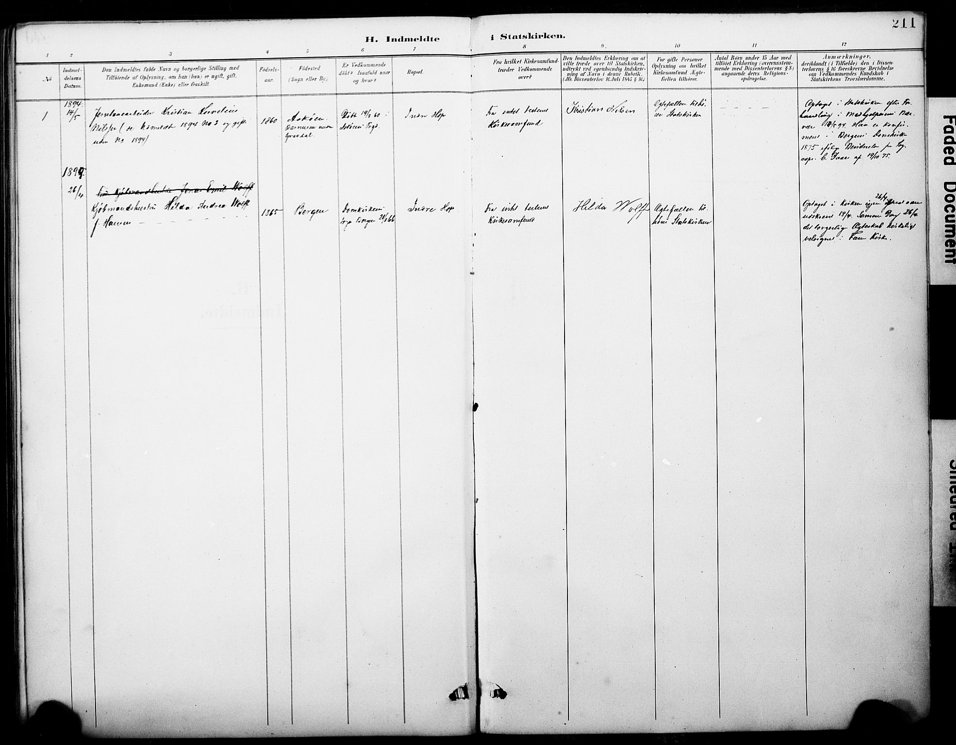 Fana Sokneprestembete, SAB/A-75101/H/Haa/Haai/L0002: Parish register (official) no. I 2, 1888-1899, p. 211