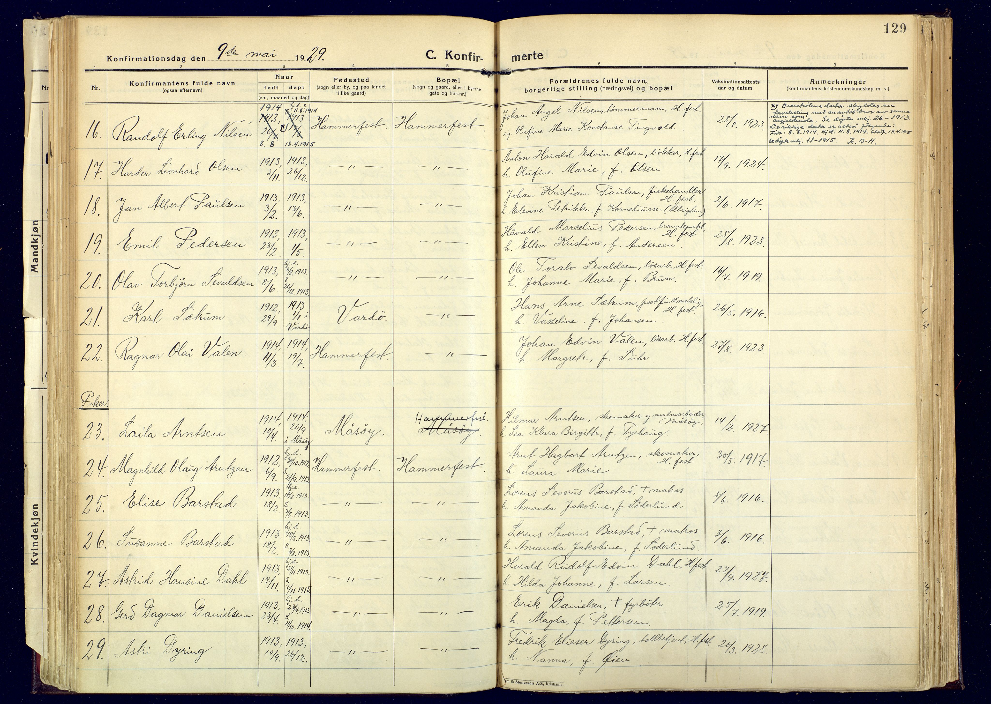 Hammerfest sokneprestkontor, AV/SATØ-S-1347/H/Ha/L0017.kirke: Parish register (official) no. 17, 1923-1933, p. 129