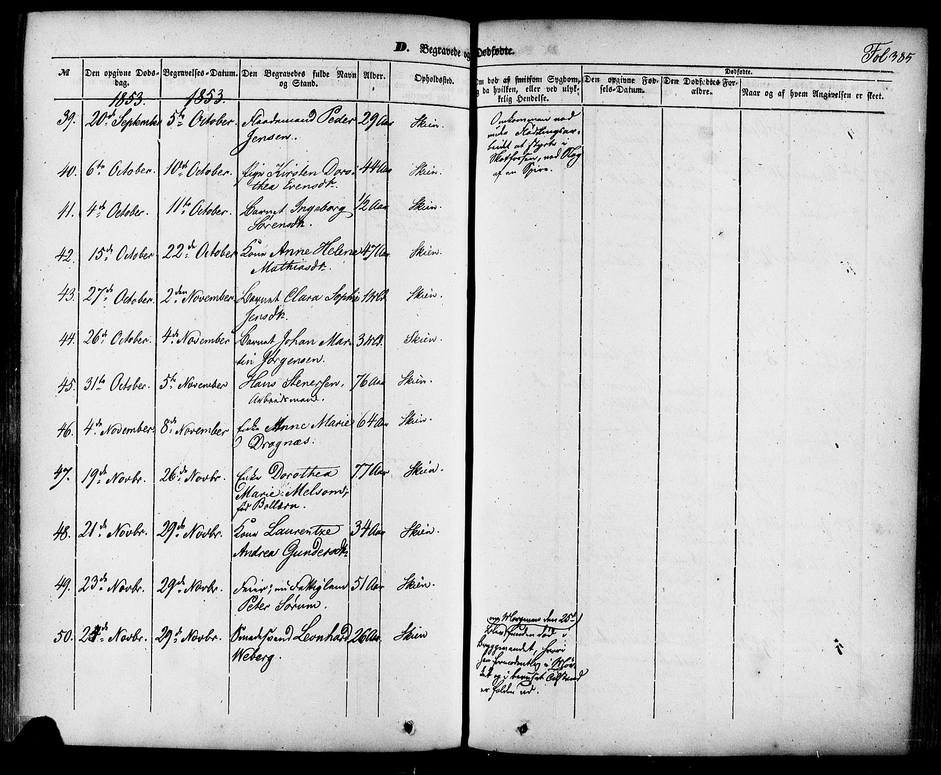 Skien kirkebøker, SAKO/A-302/F/Fa/L0006a: Parish register (official) no. 6A, 1843-1856, p. 385