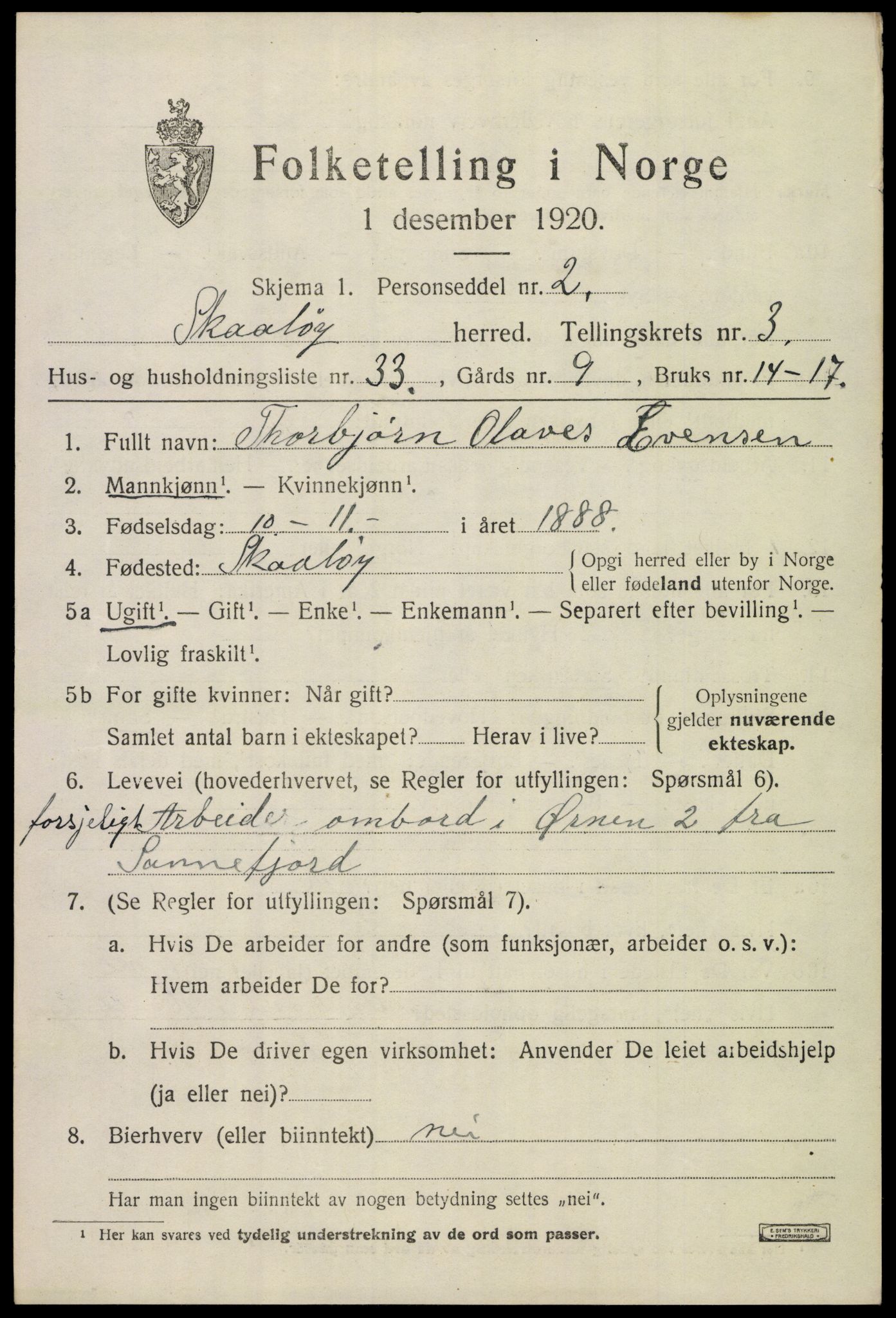 SAKO, 1920 census for Skåtøy, 1920, p. 3064