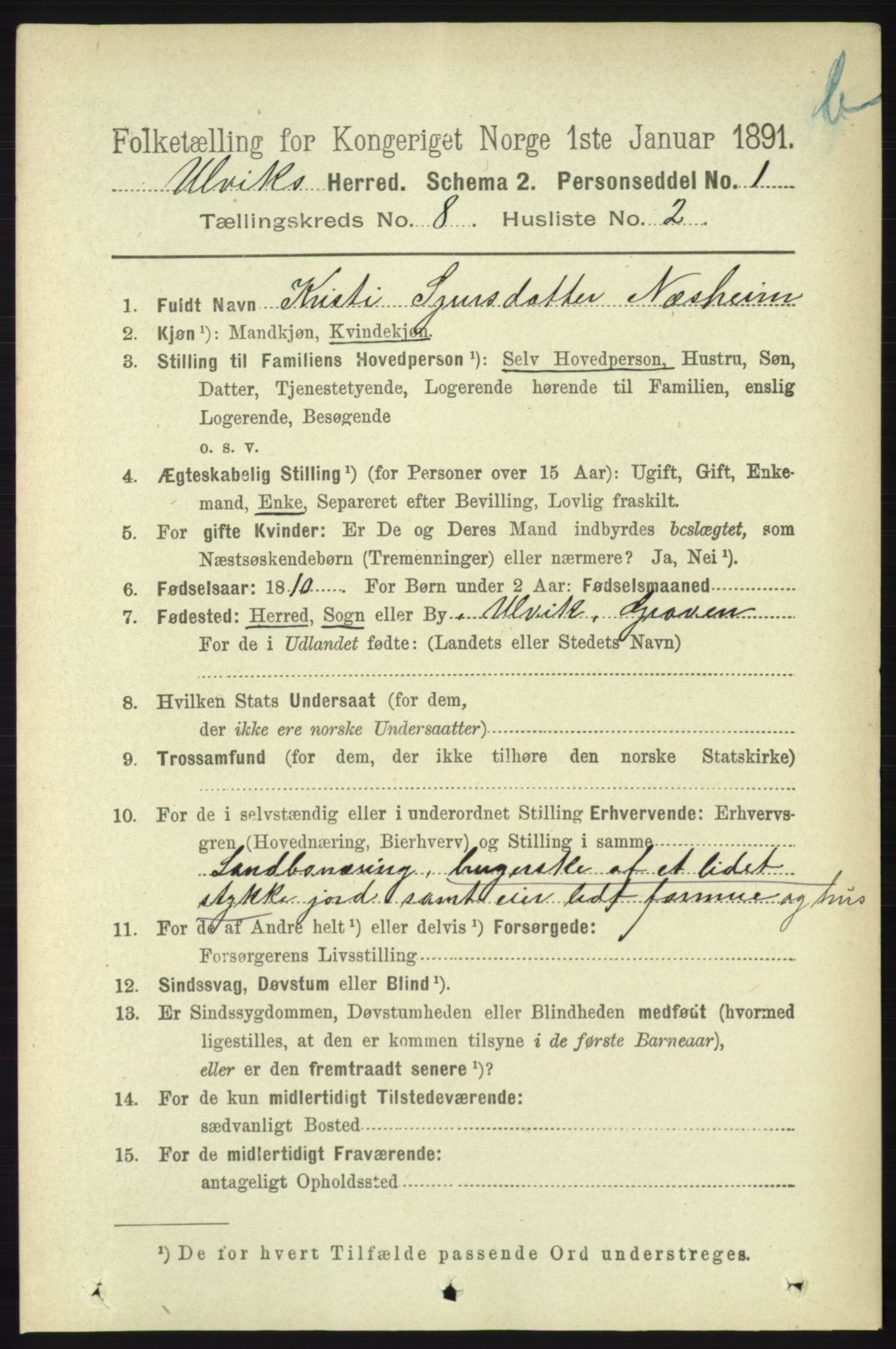 RA, 1891 census for 1233 Ulvik, 1891, p. 2580