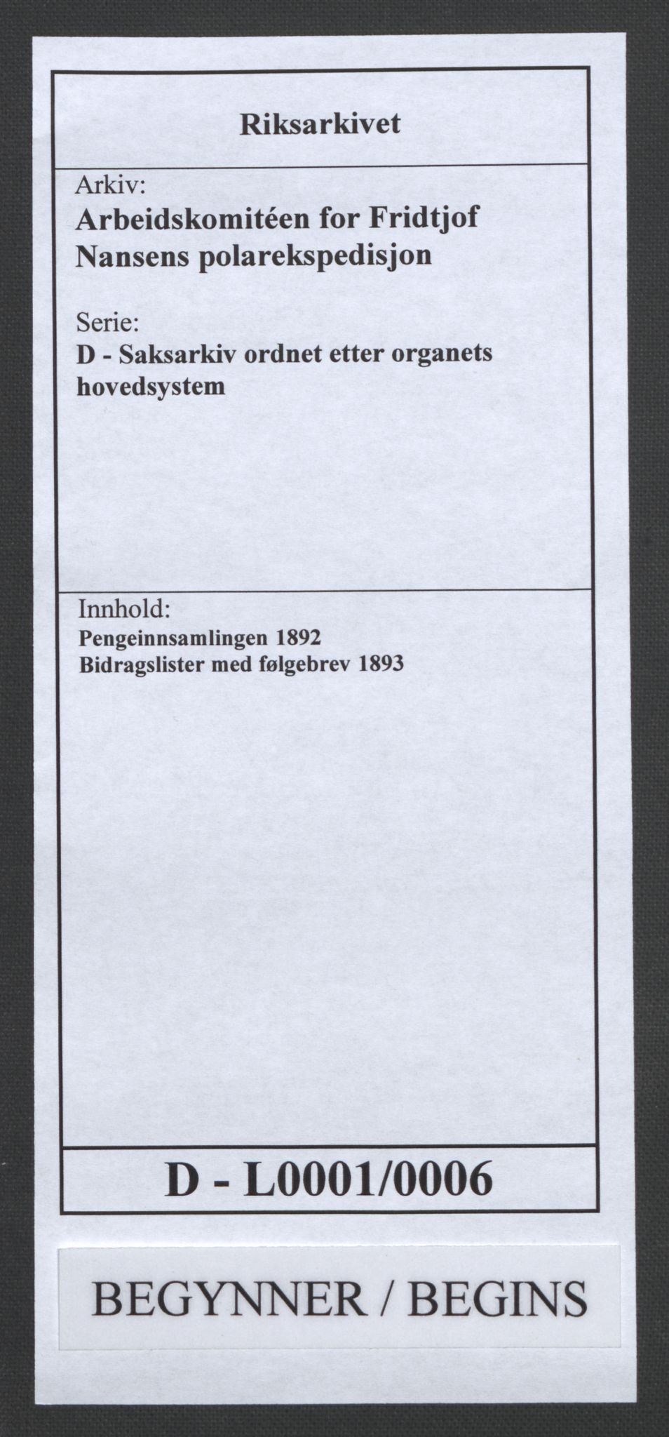 Arbeidskomitéen for Fridtjof Nansens polarekspedisjon, RA/PA-0061/D/L0001/0006: Pengeinnsamlingen / Bidragslister med følgebrev, 1893, p. 1