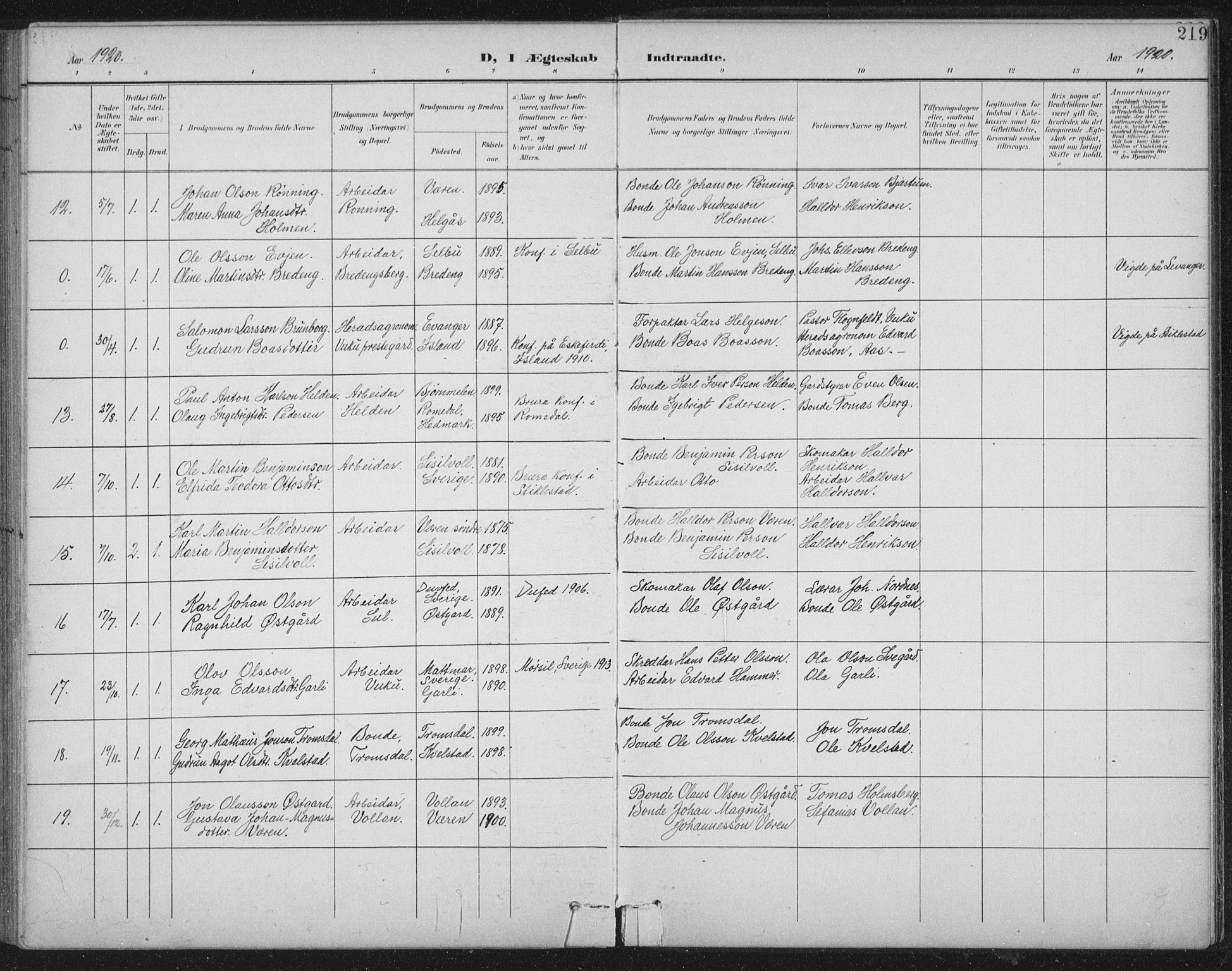 Ministerialprotokoller, klokkerbøker og fødselsregistre - Nord-Trøndelag, AV/SAT-A-1458/724/L0269: Parish register (copy) no. 724C05, 1899-1920, p. 219