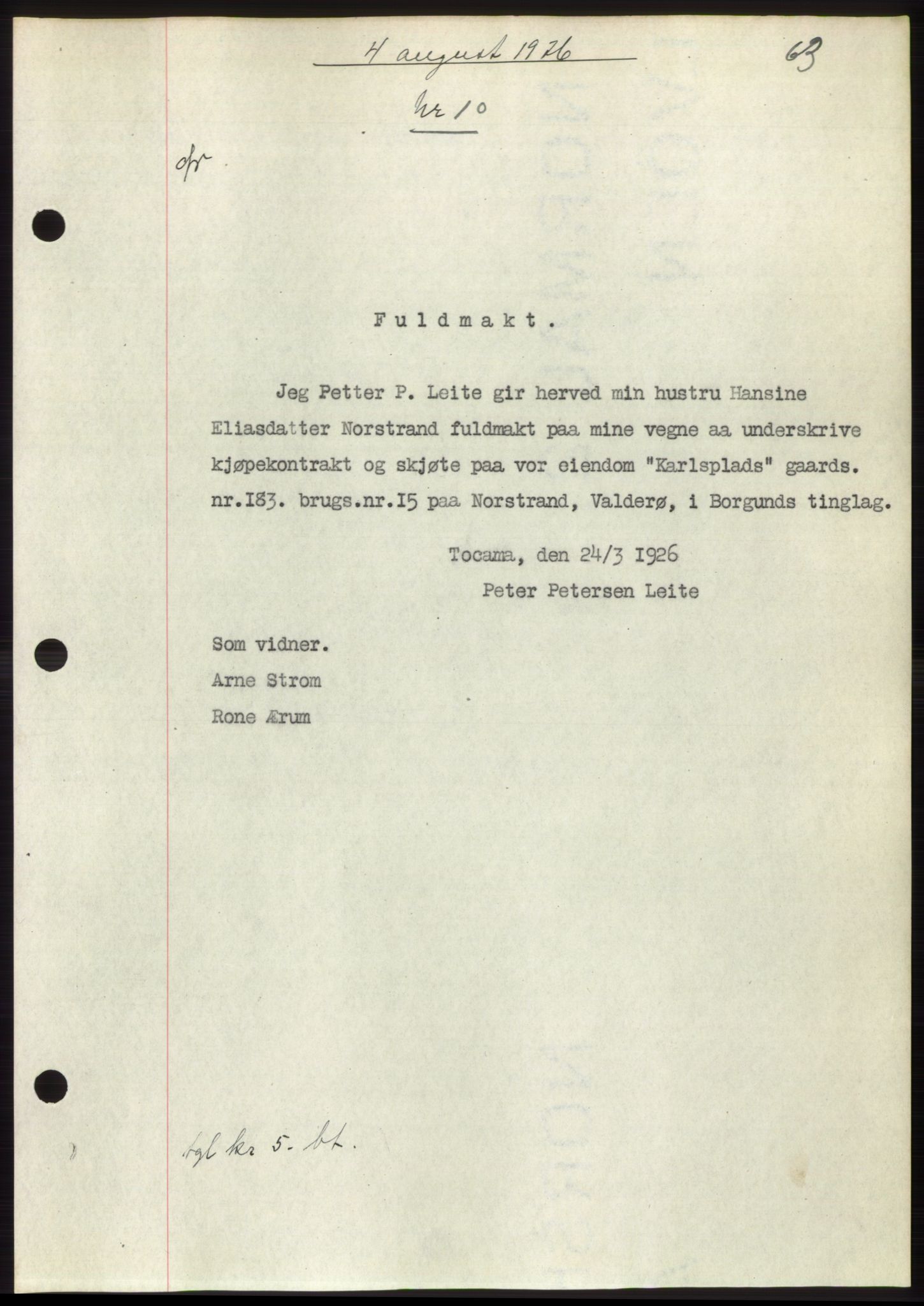 Nordre Sunnmøre sorenskriveri, AV/SAT-A-0006/1/2/2C/2Ca/L0035: Mortgage book no. 37, 1926-1926, Deed date: 04.08.1926