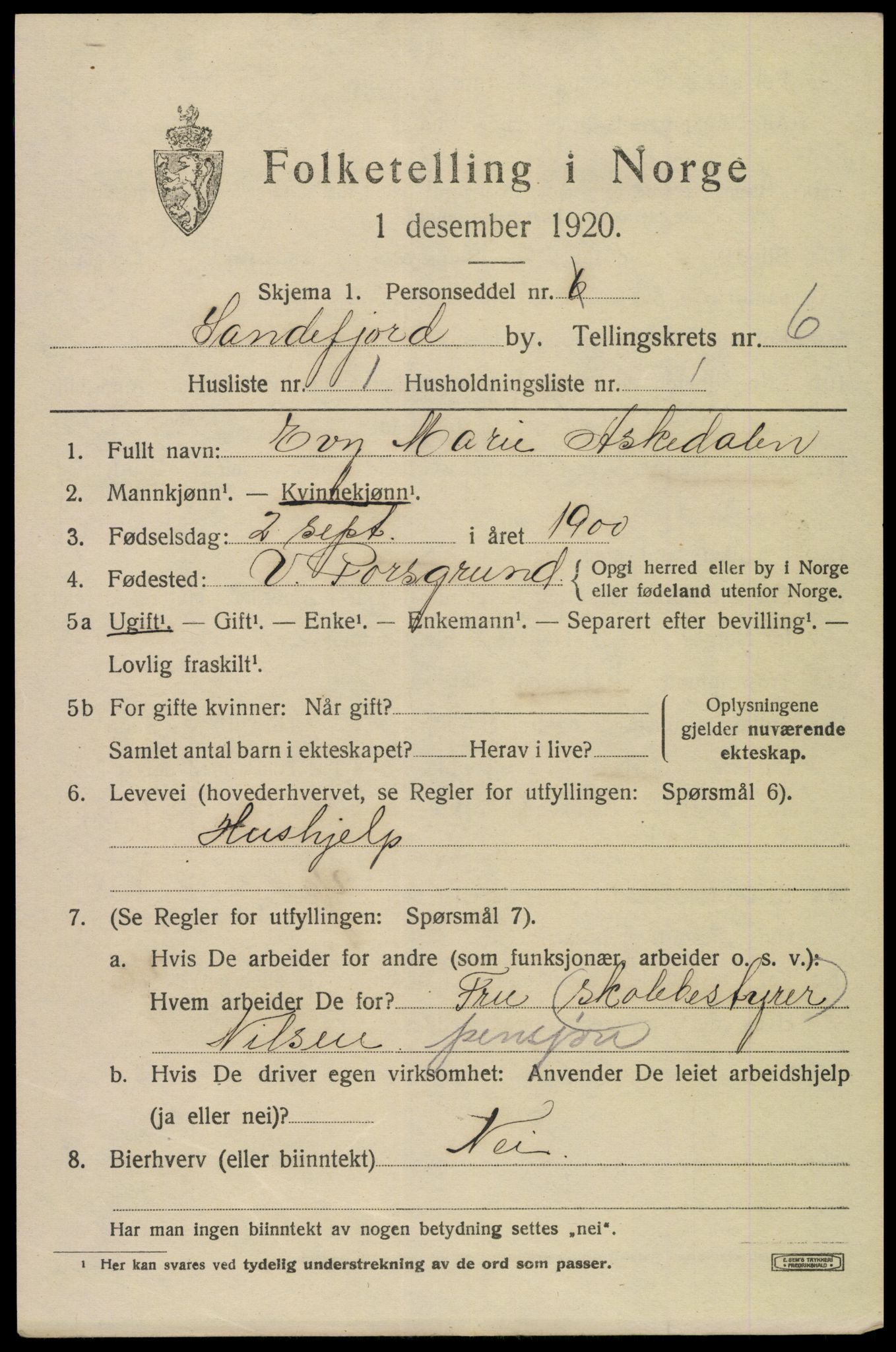 SAKO, 1920 census for Sandefjord, 1920, p. 9448