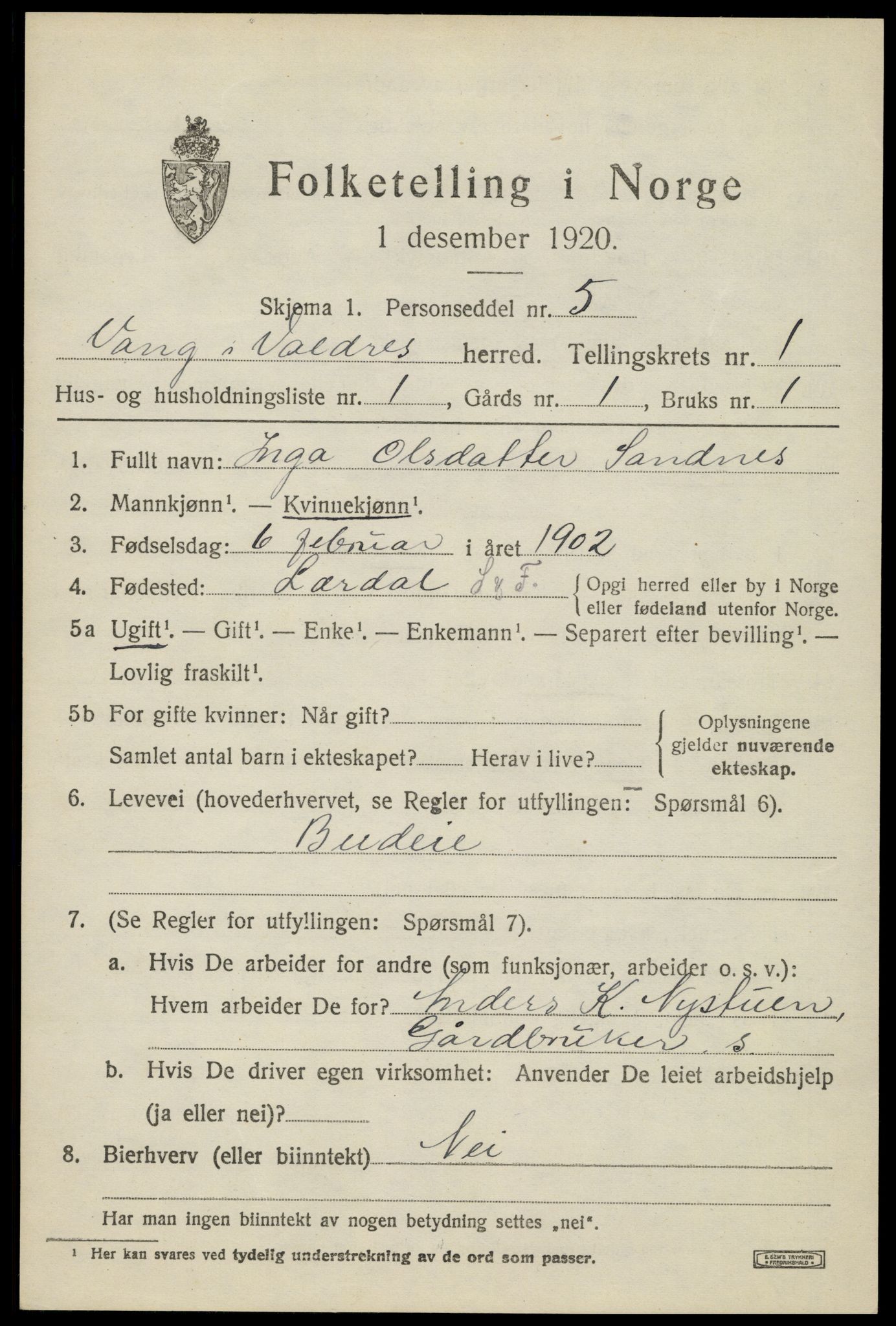 SAH, 1920 census for Vang (Oppland), 1920, p. 677