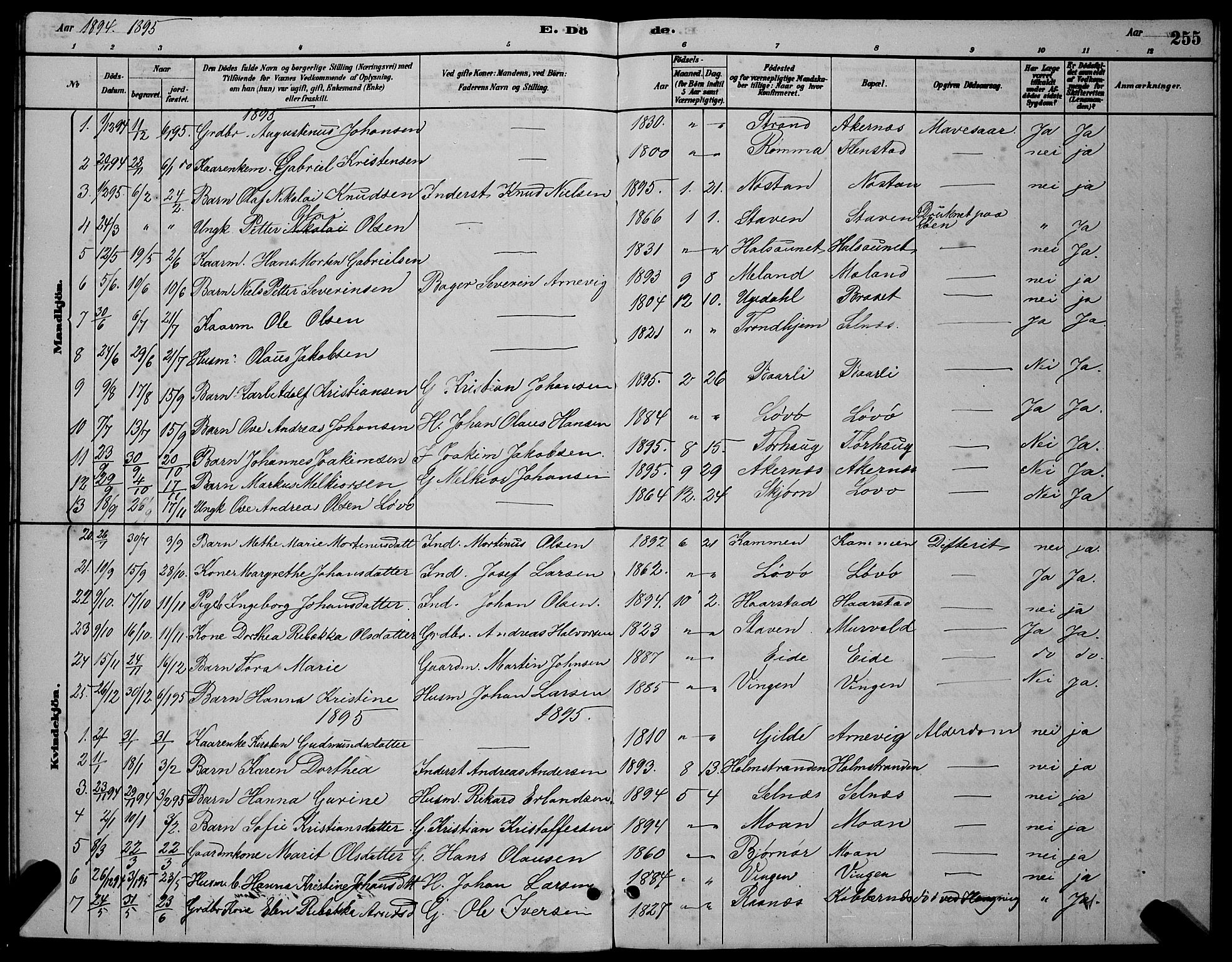 Ministerialprotokoller, klokkerbøker og fødselsregistre - Sør-Trøndelag, SAT/A-1456/655/L0687: Parish register (copy) no. 655C03, 1880-1898, p. 255