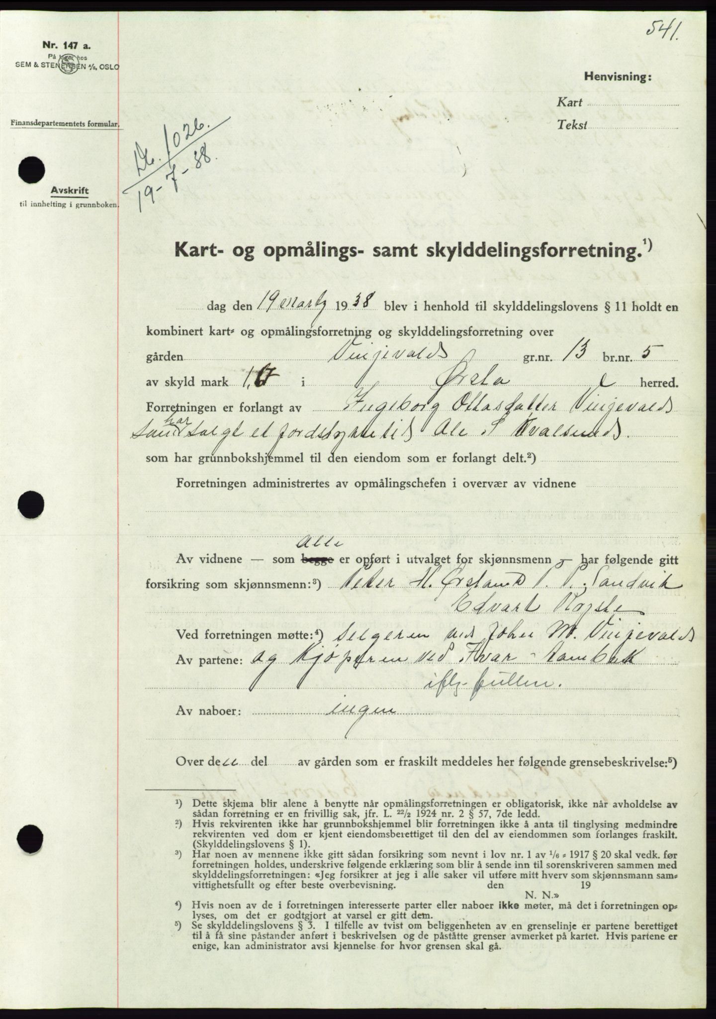 Søre Sunnmøre sorenskriveri, AV/SAT-A-4122/1/2/2C/L0065: Mortgage book no. 59, 1938-1938, Diary no: : 1026/1938