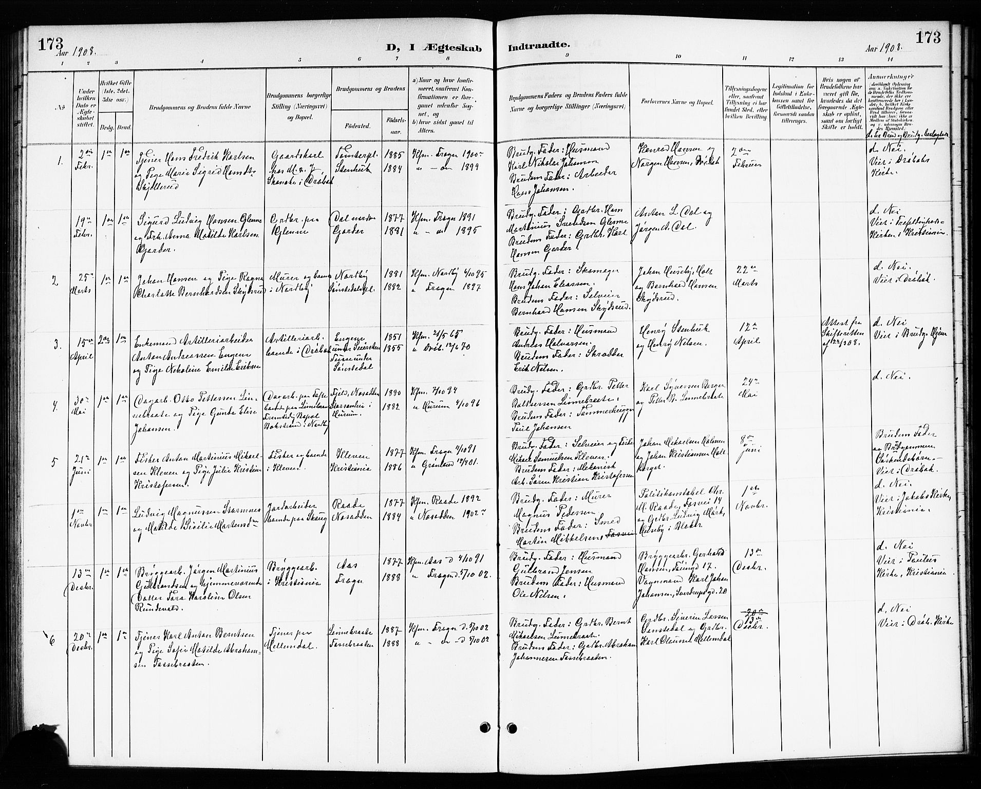 Drøbak prestekontor Kirkebøker, SAO/A-10142a/G/Gb/L0001: Parish register (copy) no. II 1, 1901-1919, p. 173